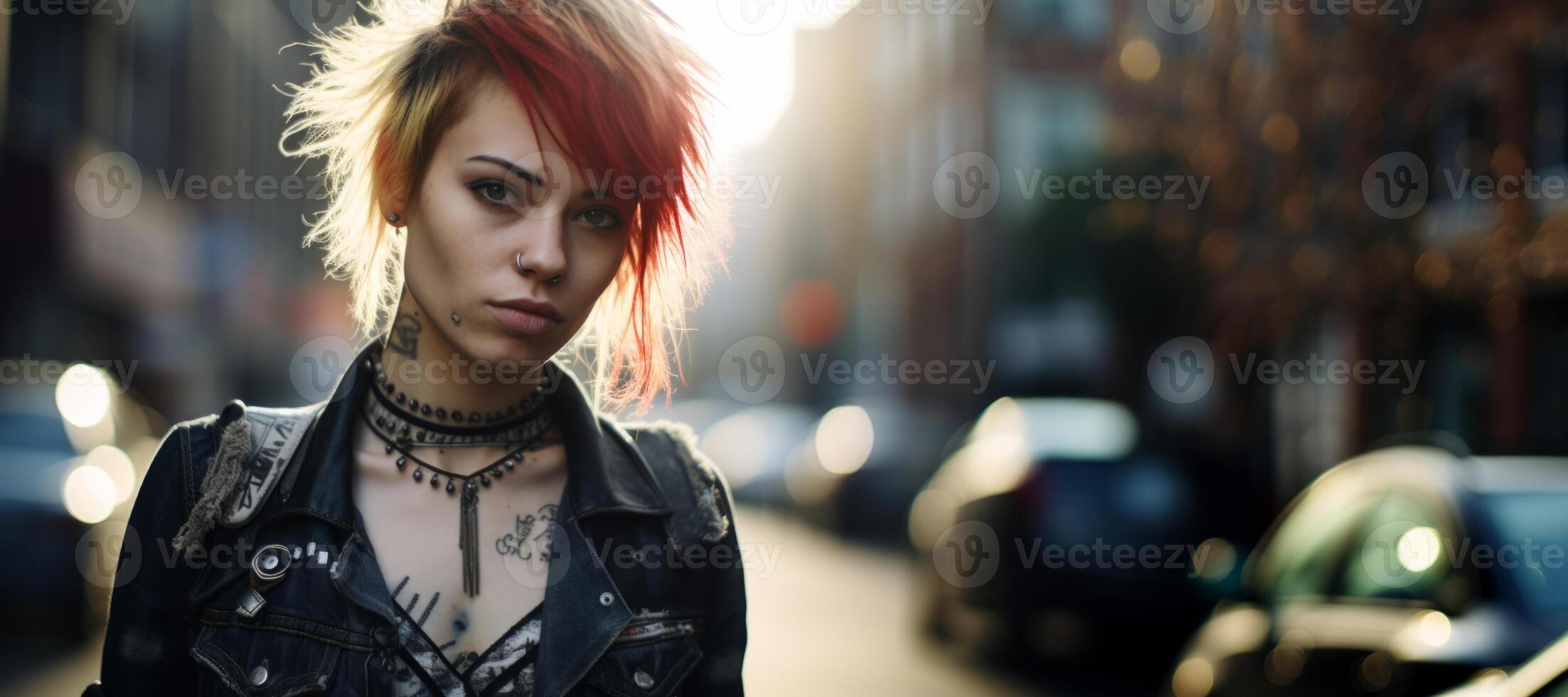 ai genererad porträtt av en Häftigt punk- flicka i de stor stad generativ ai foto