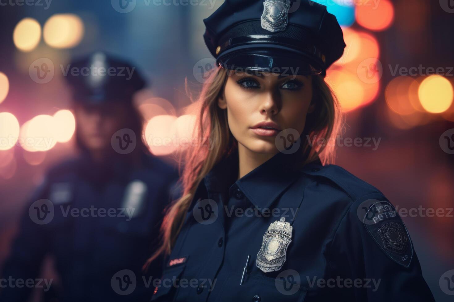 kvinna polis officer på en stad gata foto