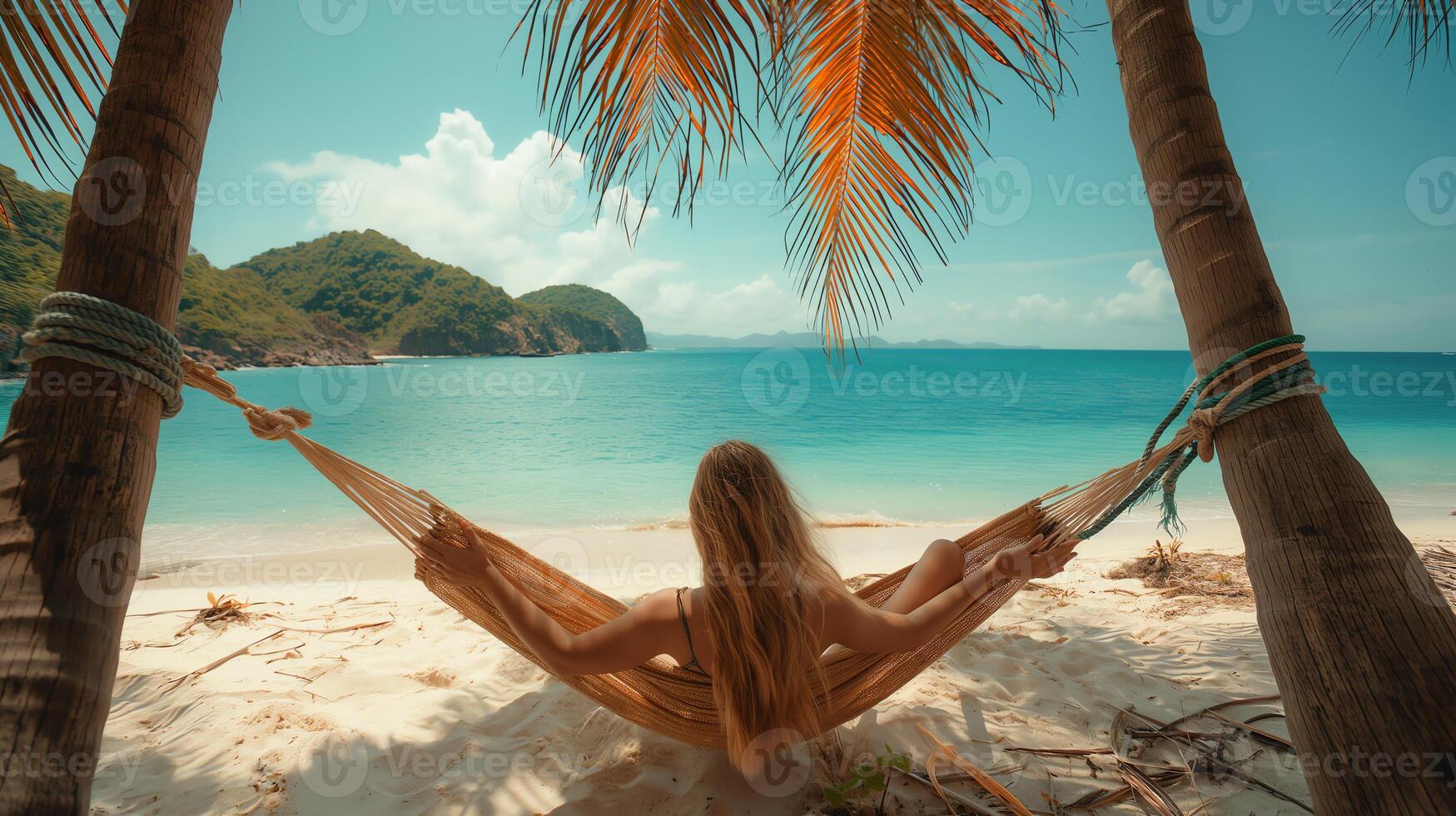 skön strand. hängmatta mellan två handflatan träd på de strand. Semester och semester begrepp foto