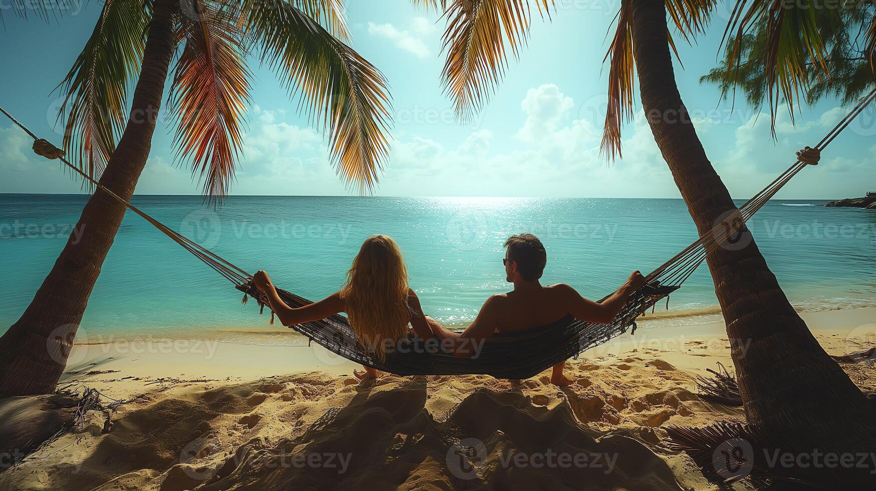 skön strand. hängmatta mellan två handflatan träd på de strand. Semester och semester begrepp foto