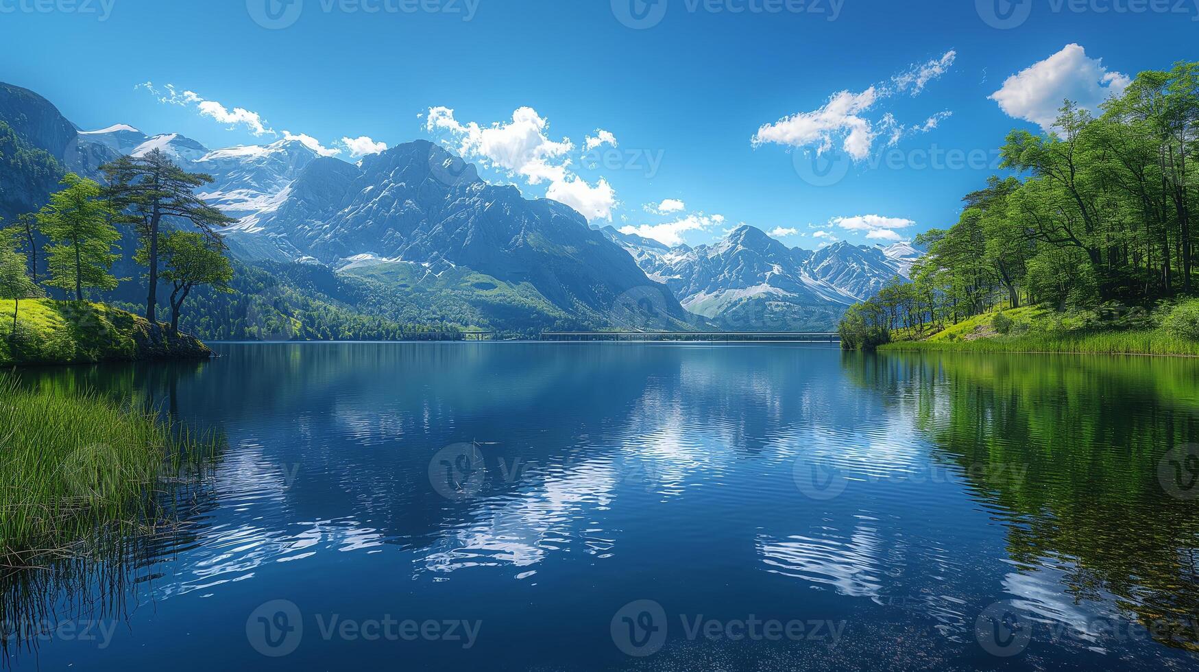 de bild funktioner en flod strömmande över stenar, med en vattenfall och en frodig skog i de bakgrund. de himmel är blå med vit moln, och de Sol är lysande ljust foto