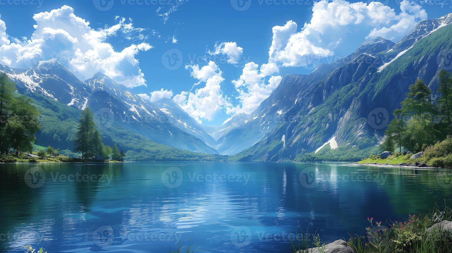 de bild funktioner en flod strömmande över stenar, med en vattenfall och en frodig skog i de bakgrund. de himmel är blå med vit moln, och de Sol är lysande ljust foto