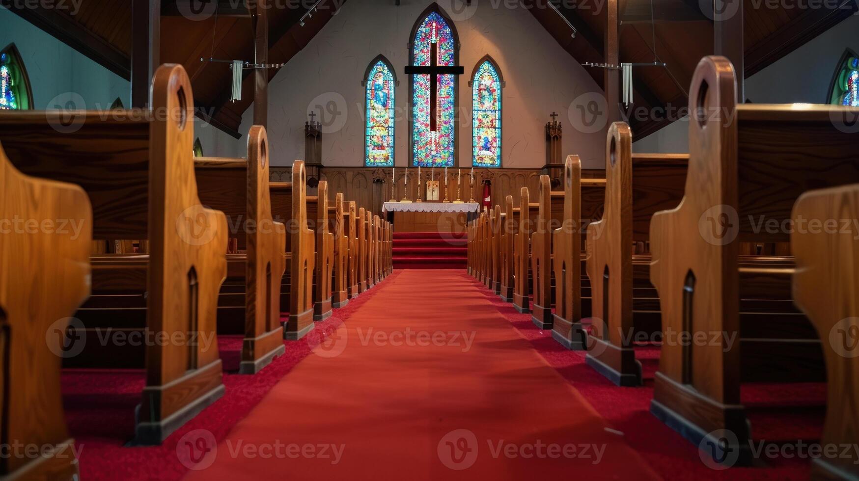 en kyrka med en röd matta och färgade glas fönster foto