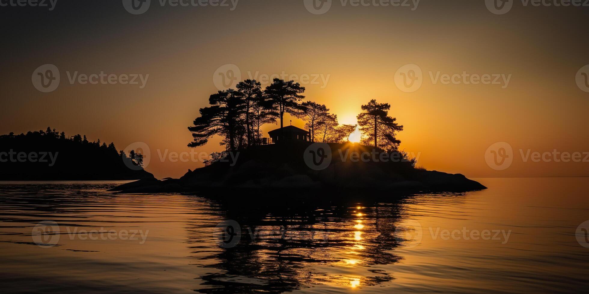 ö i de mitten av de hav hav sjö med många träd. avkopplande solnedgång bakgrund scen se foto