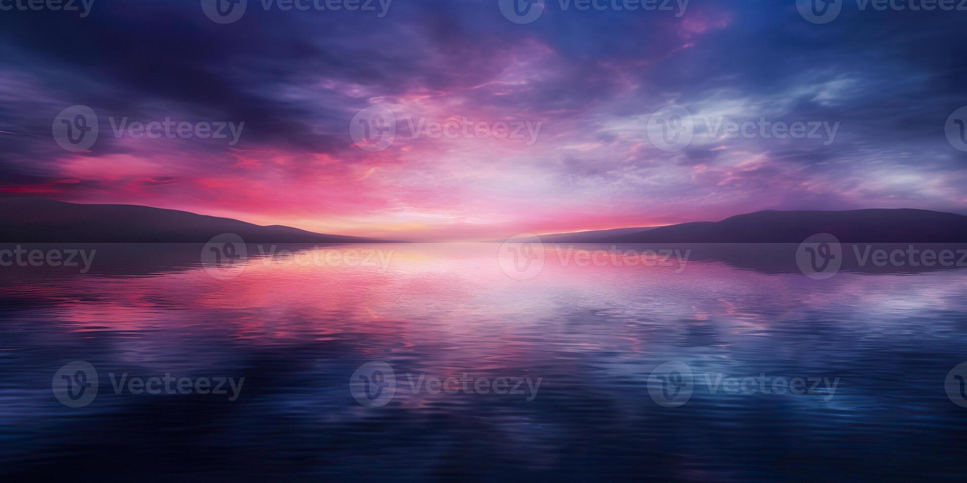 natur utomhus- solnedgång över sjö hav med bergen kullar landskap bakgrund, rosa fläck ut av fokus se foto