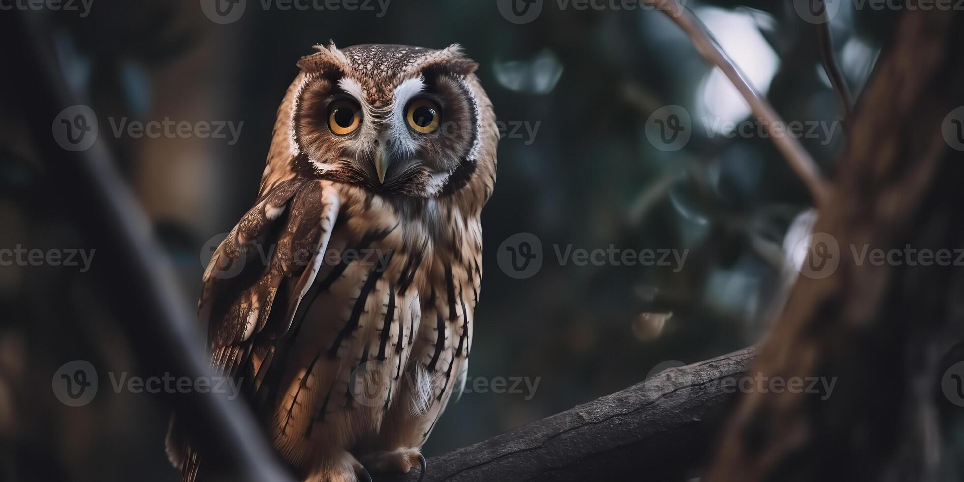 Uggla fågel Sammanträde på en banch träd. wil liv natur utomhus- skog bakgrund landskap scen foto