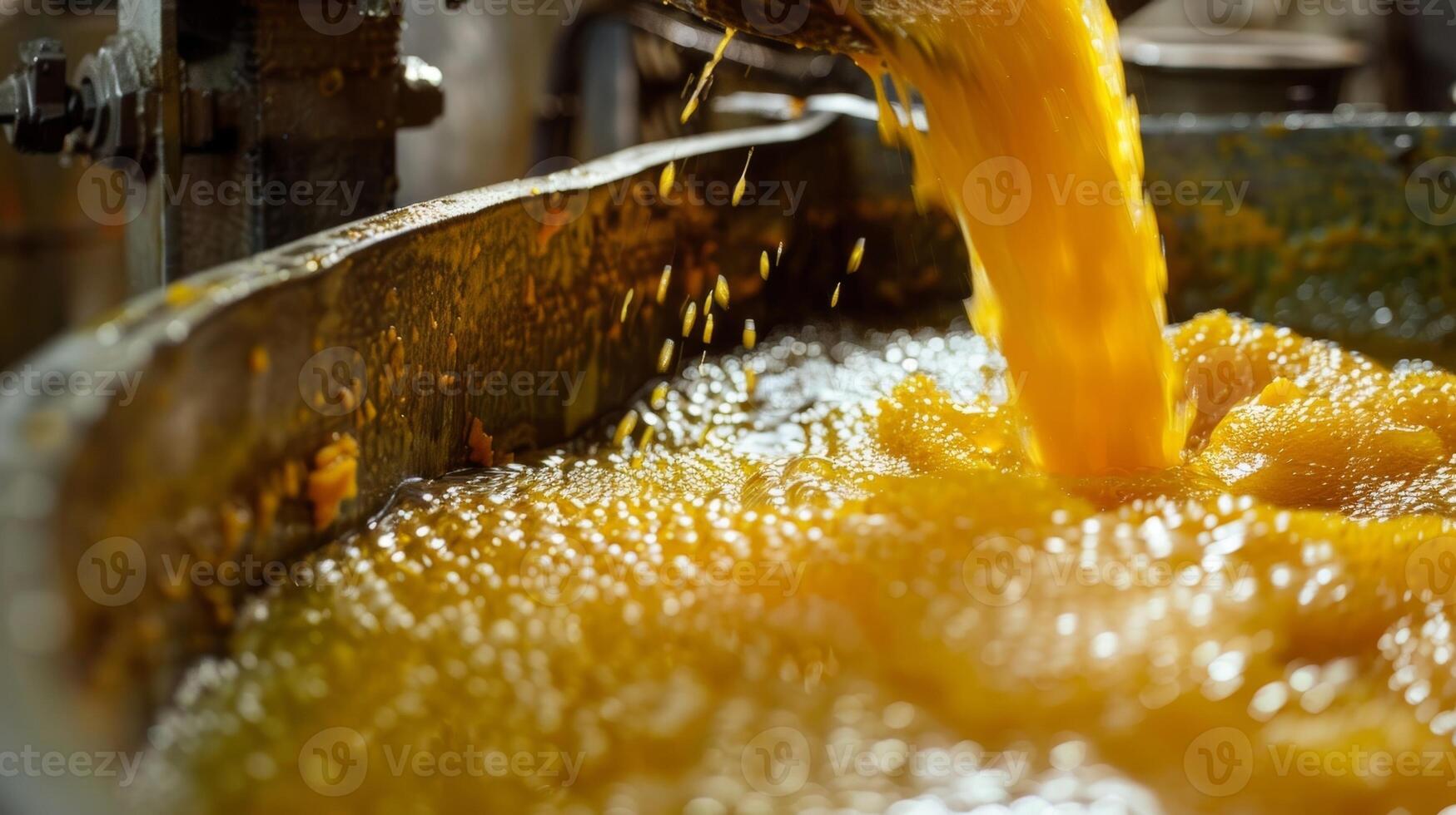 de invecklad bearbeta av filtrering ut de frön och massa från de saftig mango vändning de puré in i en slät och smakrik bas för vin foto