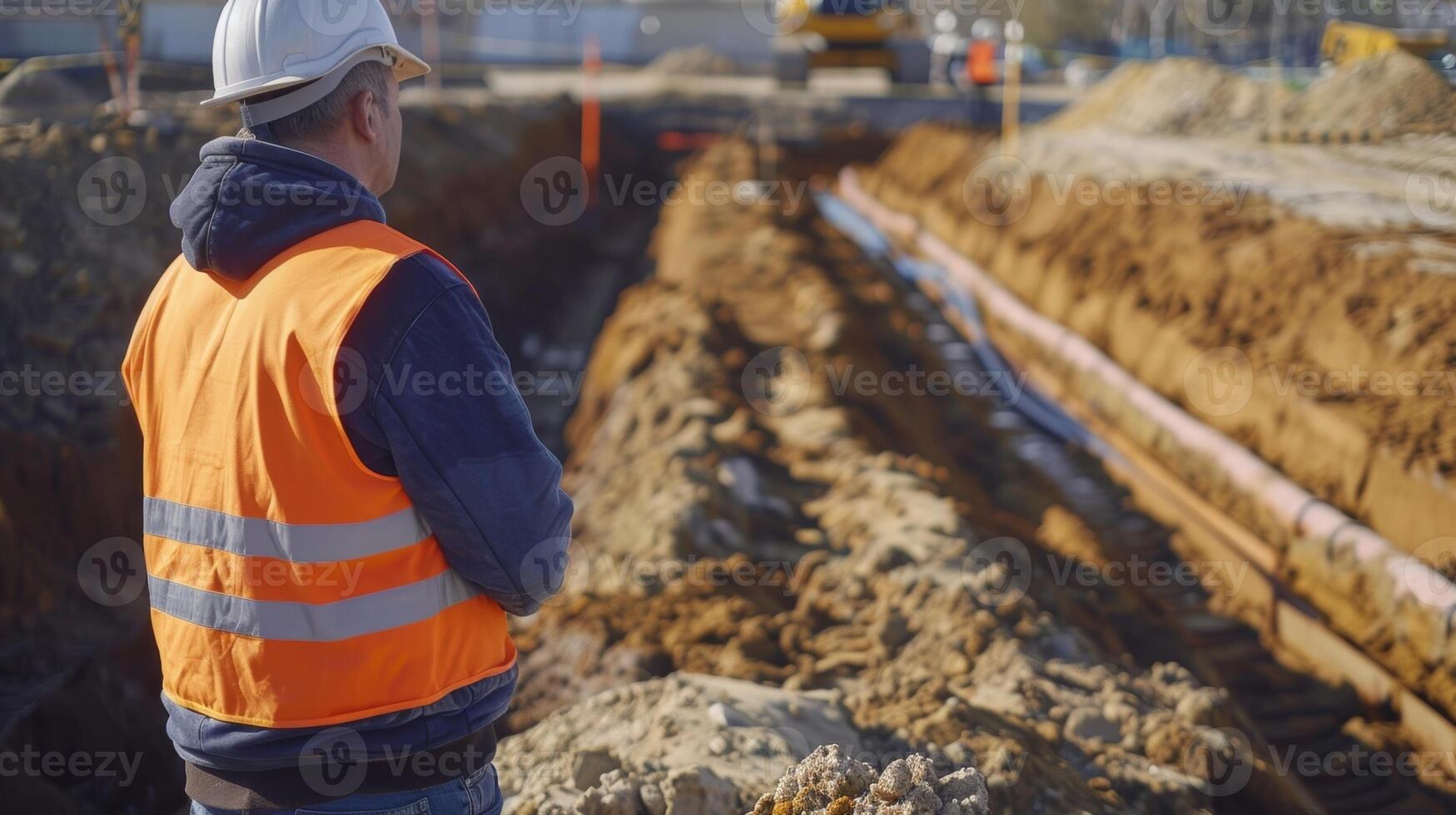 en arbetstagare stående på de kant av de dike observera de framsteg och planera de Nästa steg för de installation foto
