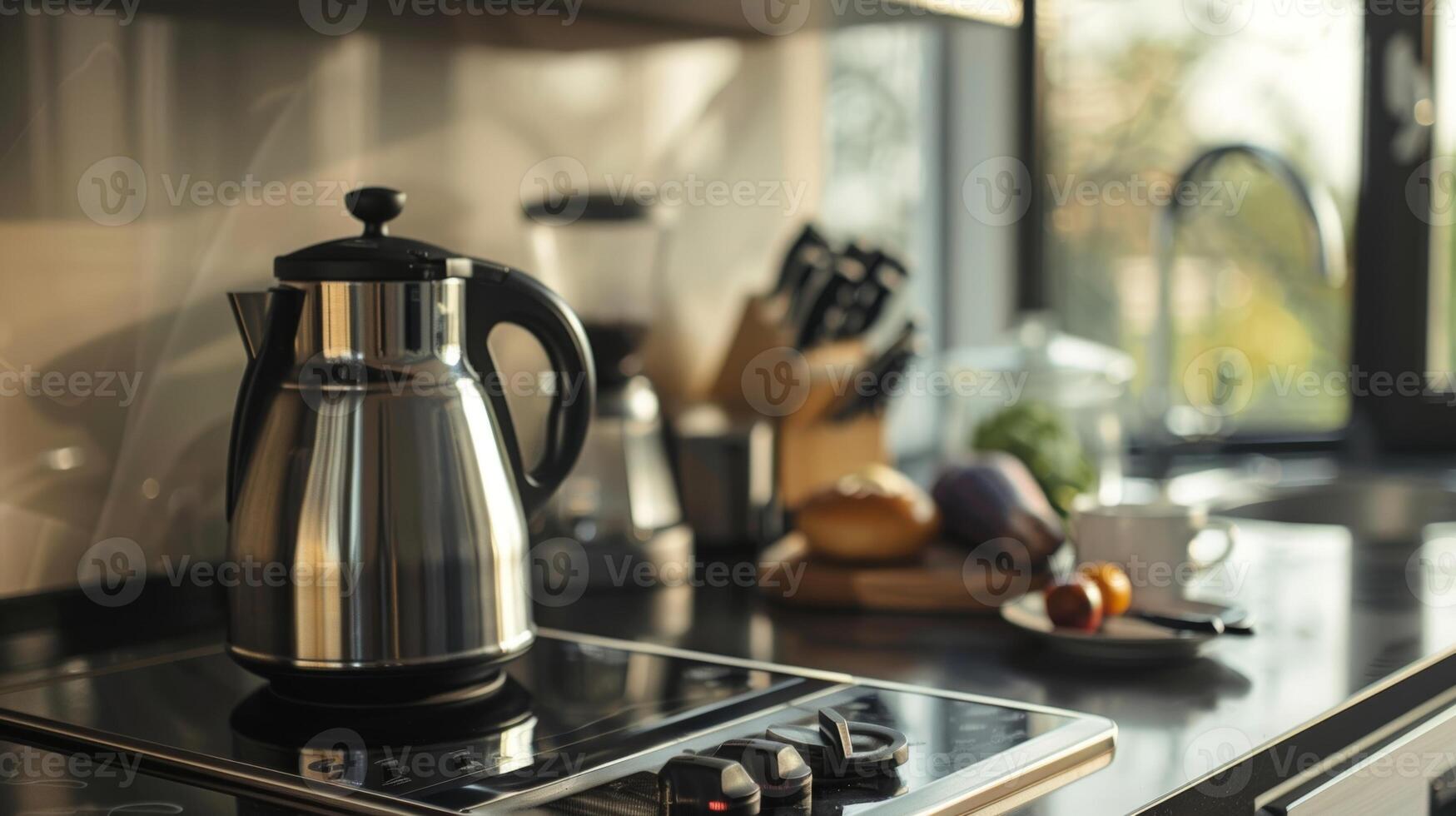 i de hörn av de rum en elegant rostfri stål kaffe tillverkare nynna medan en vattenkokare visselpipor på de spis lovande de perfekt kopp av premie dryck foto