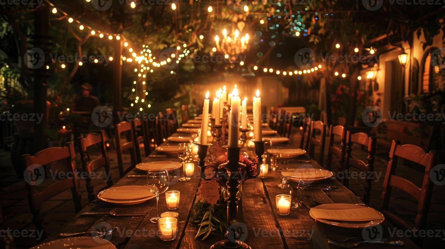 en lång trä- tabell uppsättning för en romantisk middag omgiven förbi långa ljus i vintagestil hållare. 2d platt tecknad serie foto