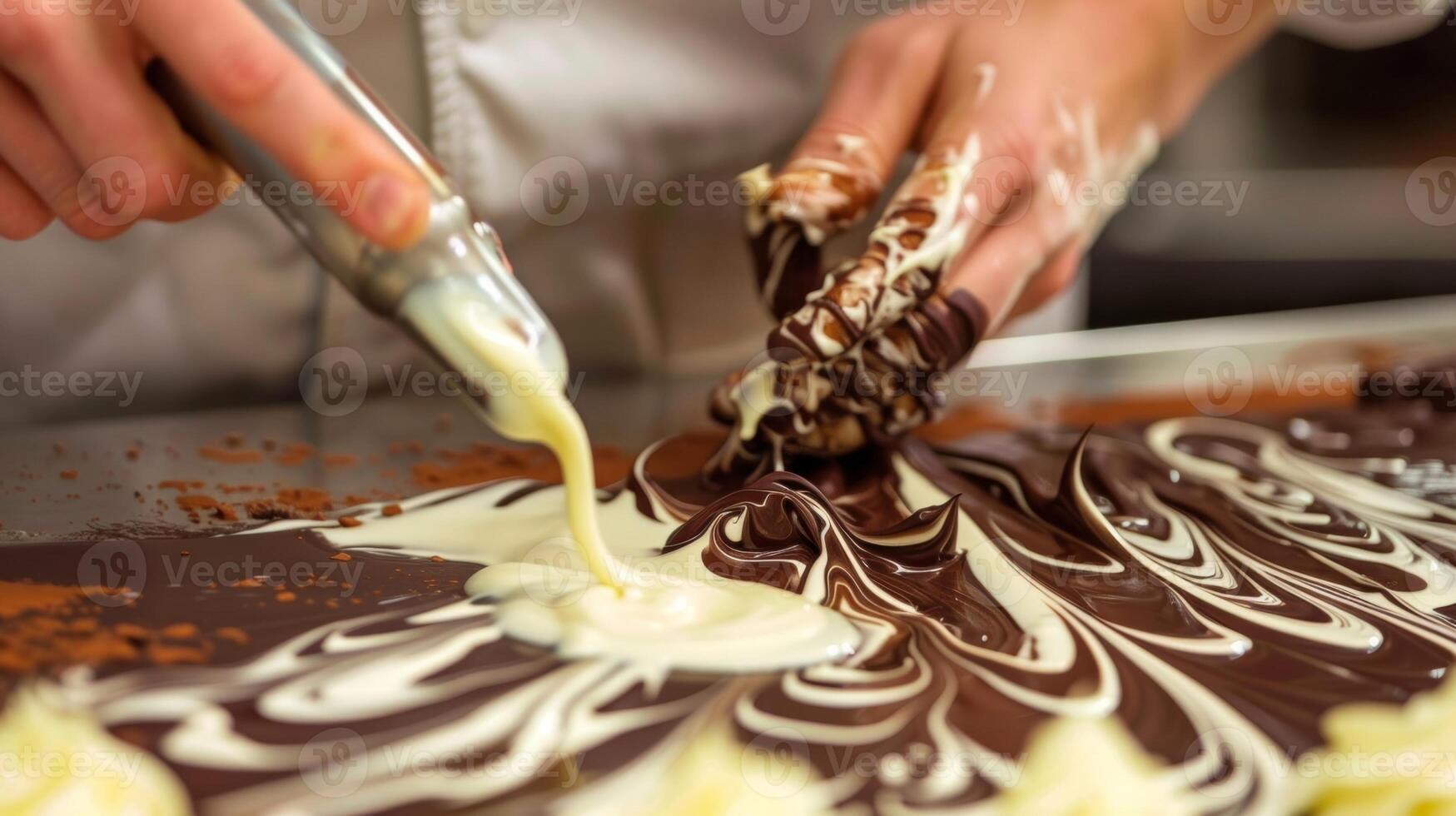 en deltagare försiktigt rör smält vit choklad till en mörk choklad bas till skapa en marmorerad effekt deras händer stadig och exakt foto