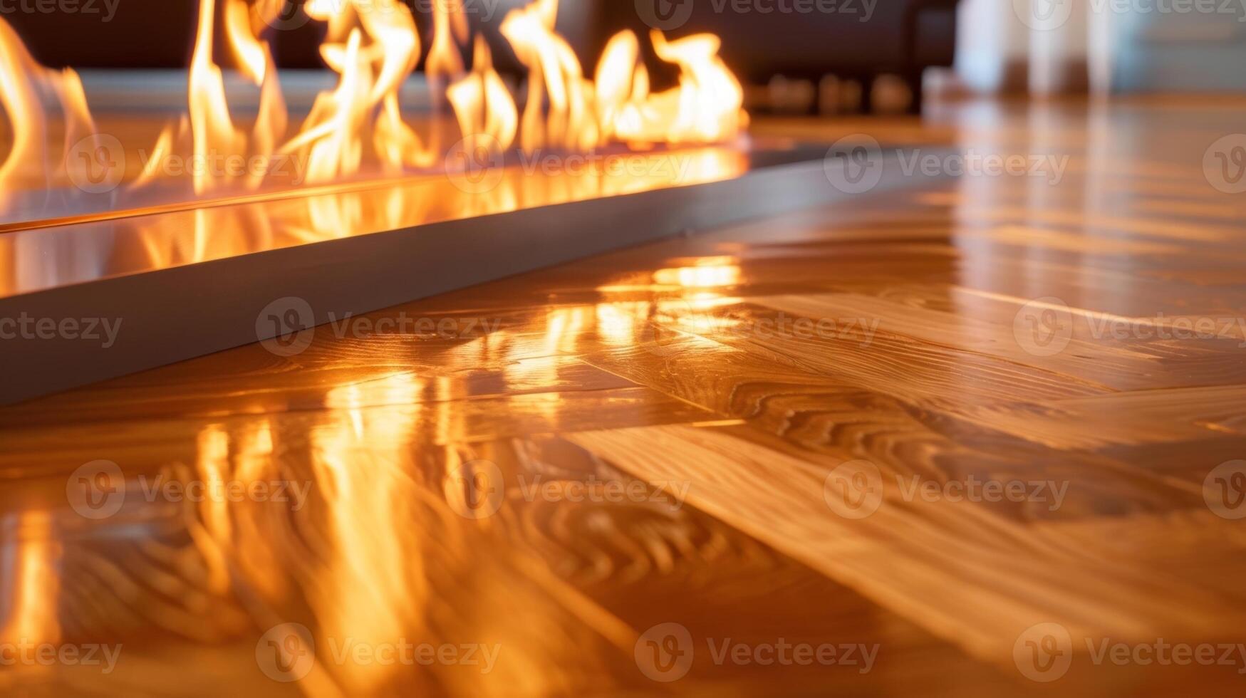 de flimmer lågor reflektera av av de polerad trä- golv skapande en fascinerande effekt den där drar du närmare till de brand. 2d platt tecknad serie foto