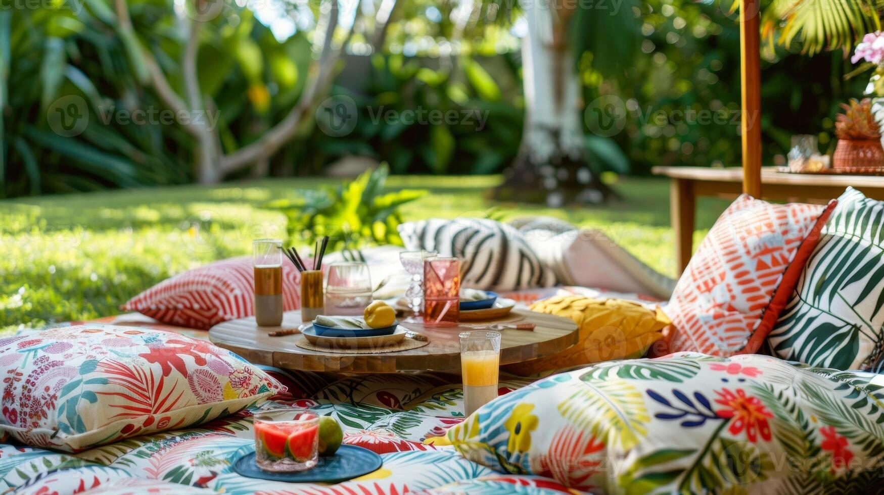 bild 13 en bakgård scen av en tropiskt inspirerad picknick uppstart terar en låg tabell med överdimensionerad kuddar för sittplatser täckt i en mängd av tropisk skriva ut filtar och kuddar foto