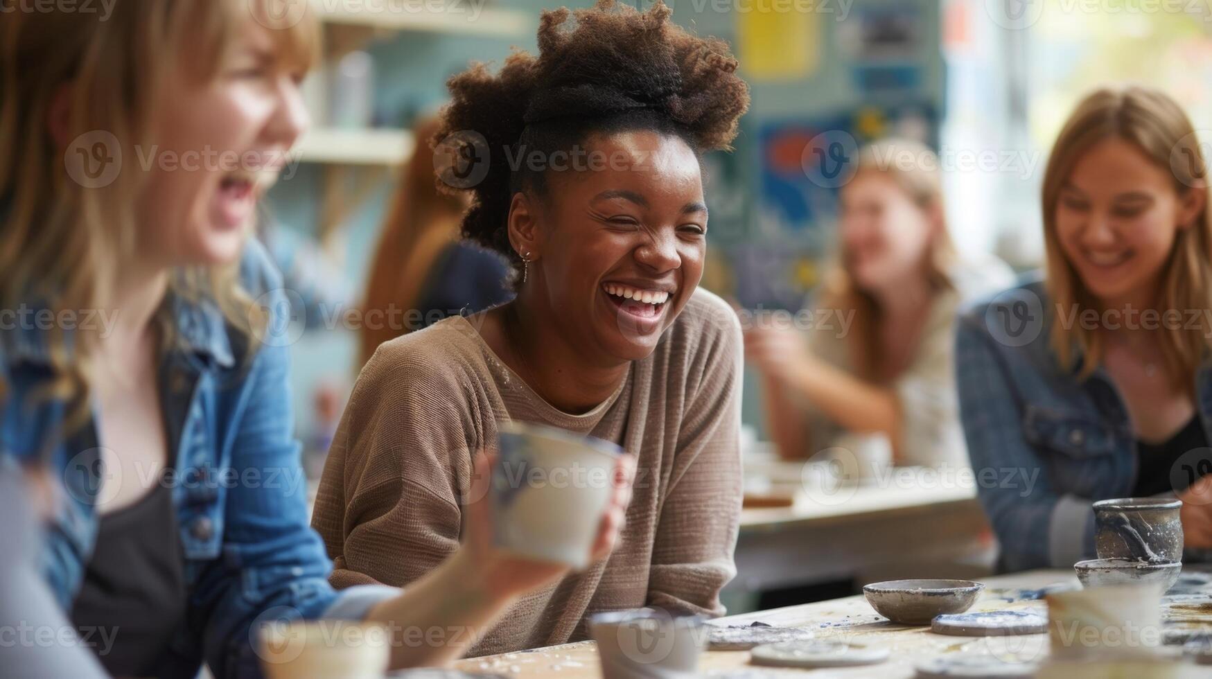 en grupp av vänner Sammanträde runt om en tabell skrattande och arbetssätt på deras egen keramisk underlägg mönster. foto