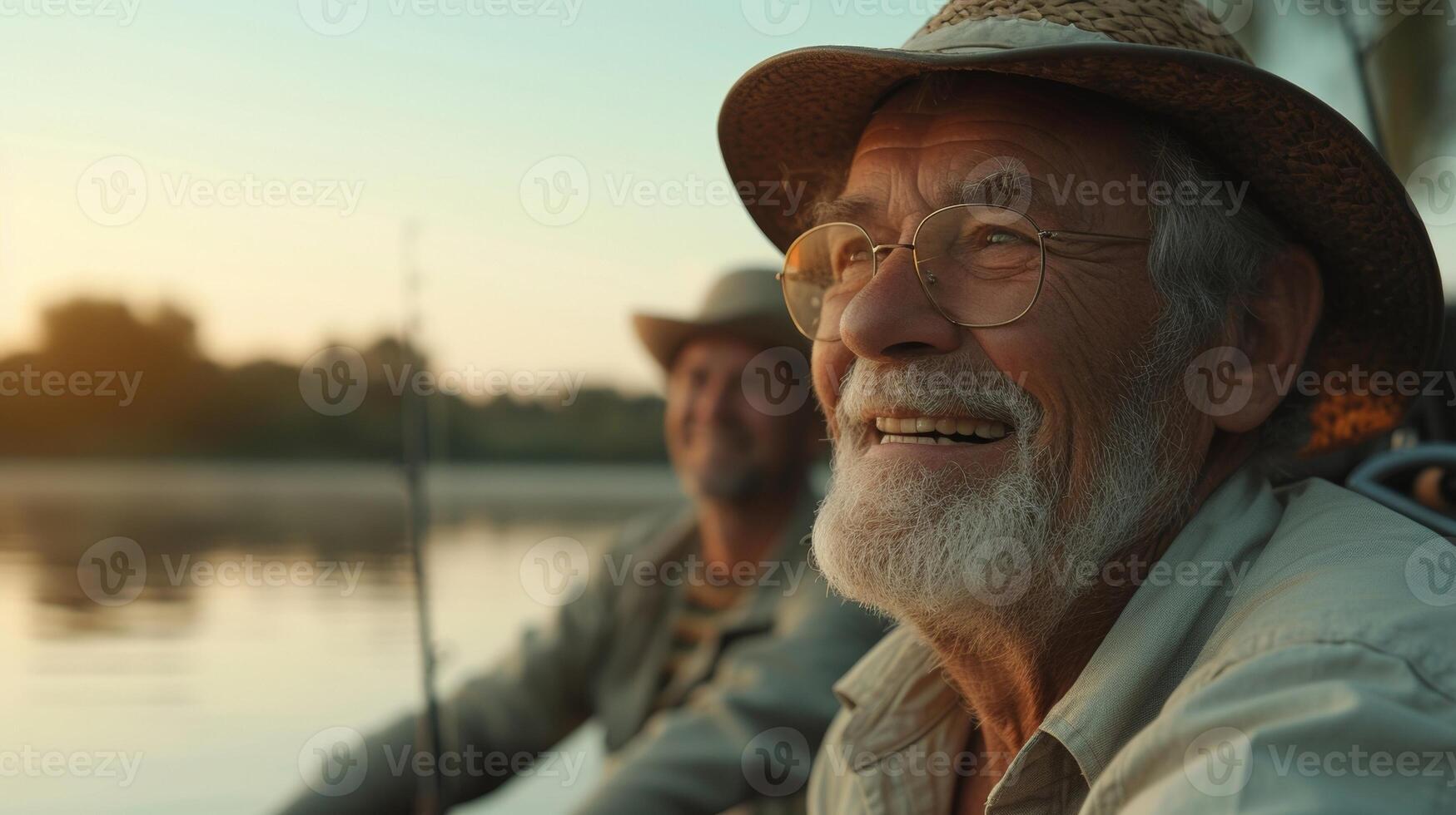 en grupp av pensionerad vänner skrattande och påminna om som de fisk tillsammans på en tyst sjö njuter varje andra företag foto