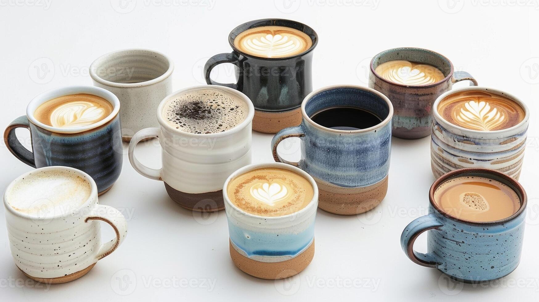 ett sortiment av handgjort keramisk muggar och koppar varje innehav en annorlunda typ av hantverkare kaffe foto