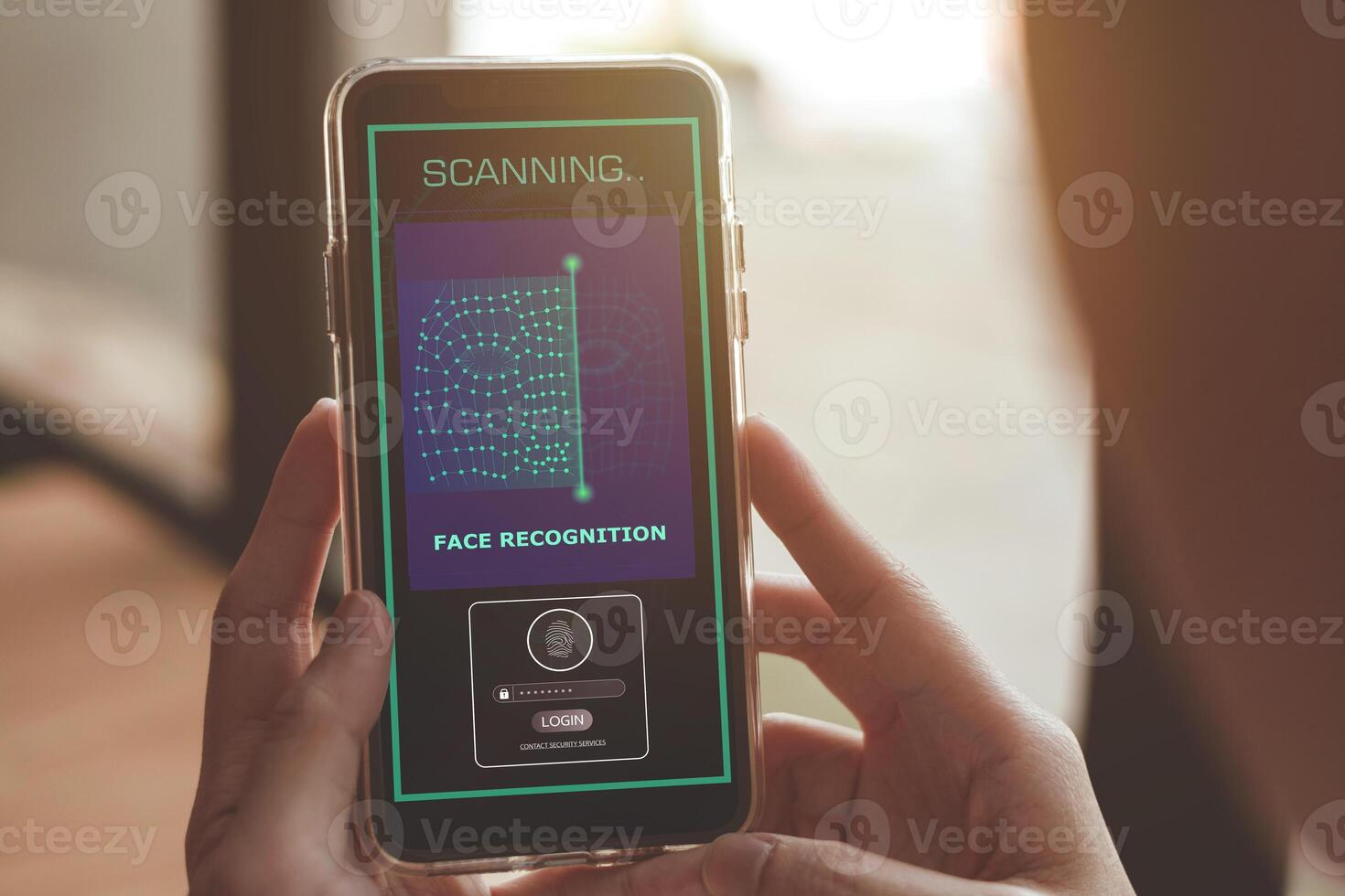 säkerhet systemet med ansiktsbehandling erkännande, ansikte id. kvinna låser upp smartphone med biometrisk Identifiering skanna, personlig verifiering foto