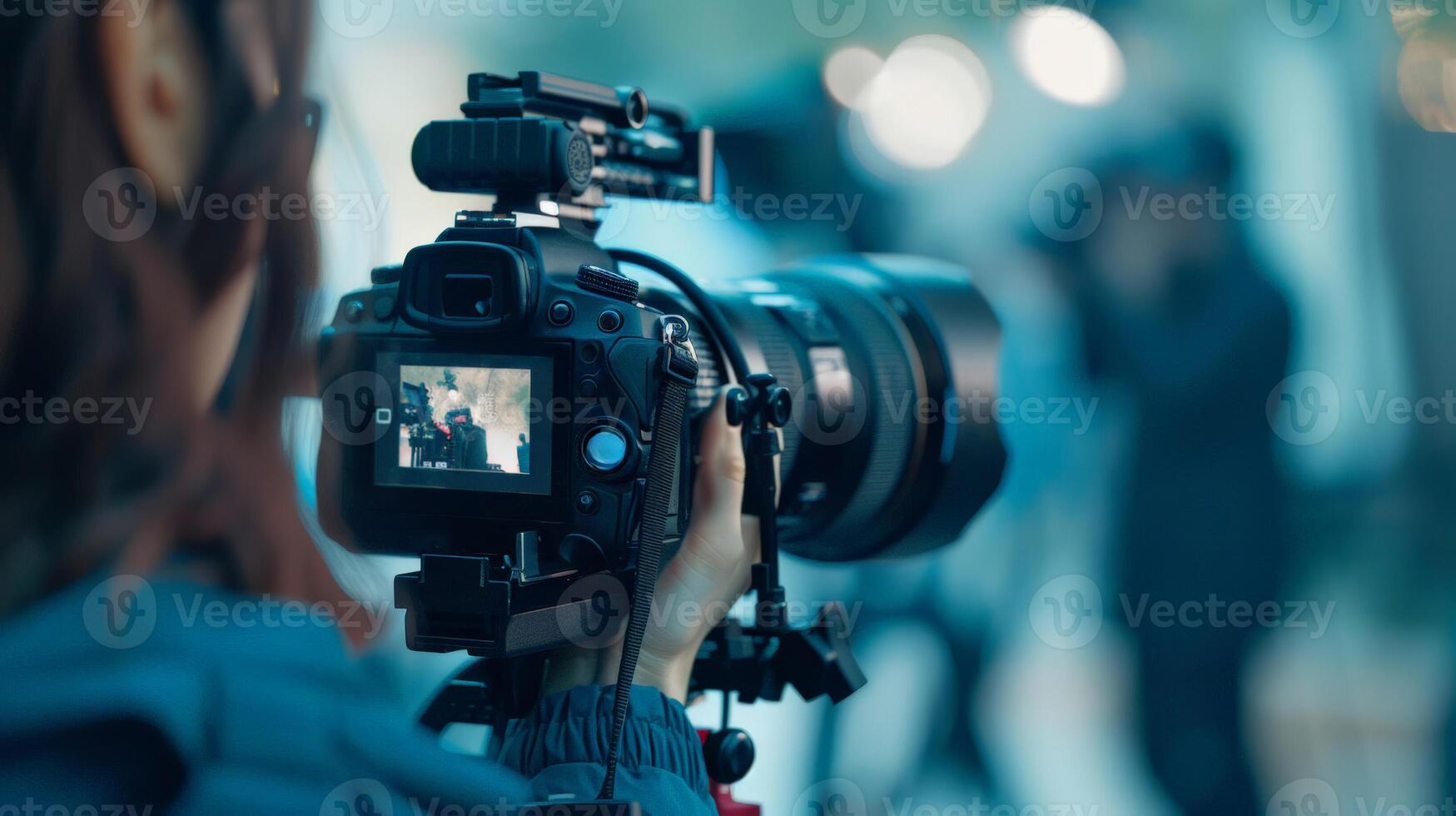 kvinna videographer filmer med en professionell kamera under en kommersiell skjuta, fångande Bakom de scener av media produktion, relaterad till värld tv dag foto