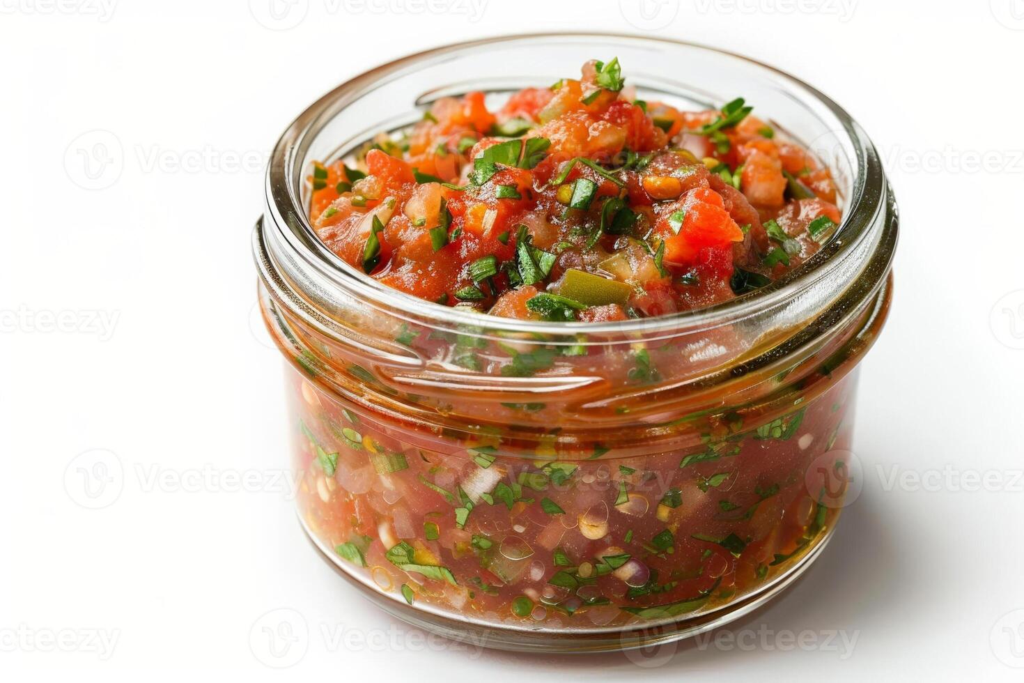 glas burk av hemlagad tomat salsa isolerat på en vit bakgrund, vibrerande röd och färsk Ingredienser synlig foto