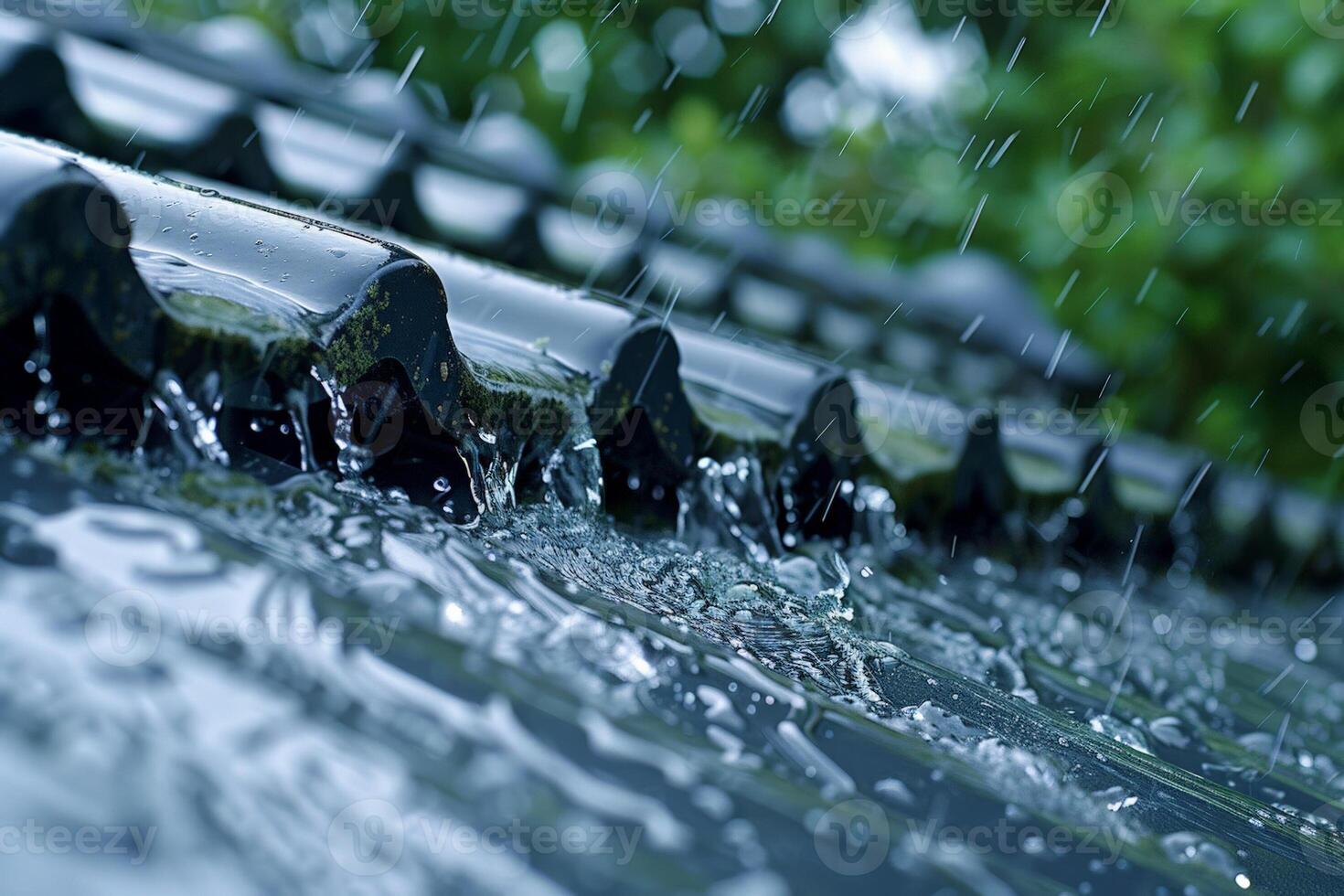 regnvatten cascading av en tak, stänga upp på de strömmande vatten, betona de intensitet av de skyfall foto
