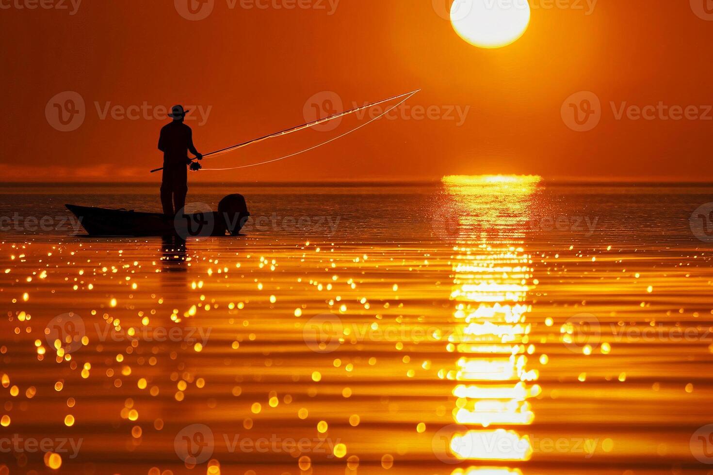 silhuett av en fiskare på solnedgång, gjutning en lång linje in i de lysande vatten foto