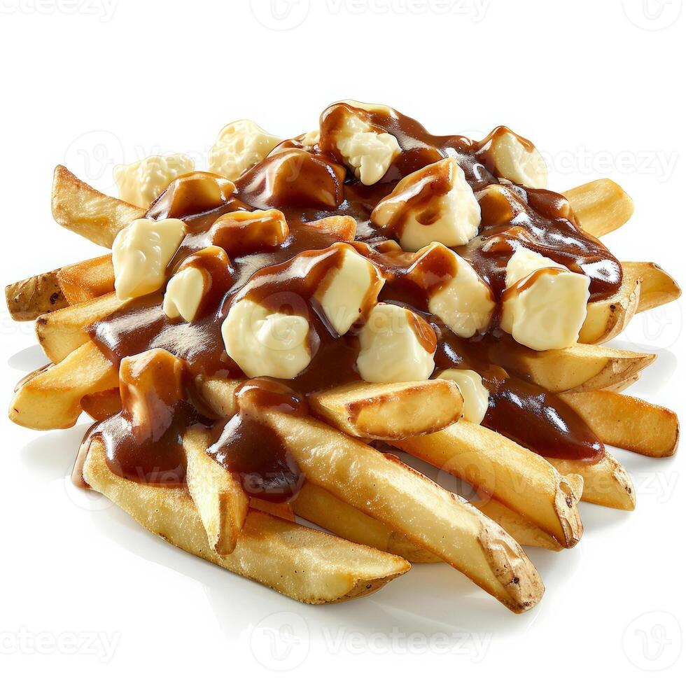 kanadensisk poutine med ost ostmassa och skysås isolerat på vit bakgrund foto