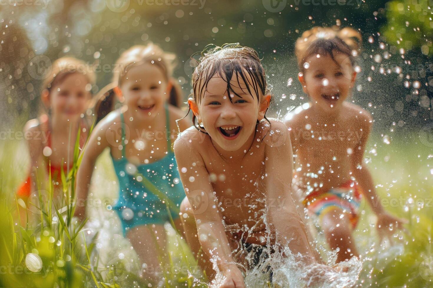 grupp av barn spelar i en sprinkler till fly de värme, glad stänk på en varm dag foto