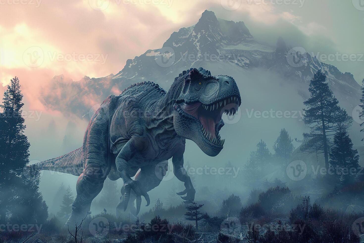 stor skrämmande hungrig dinosaurie med snäll ögon och skarp tänder förstöra parkera foto