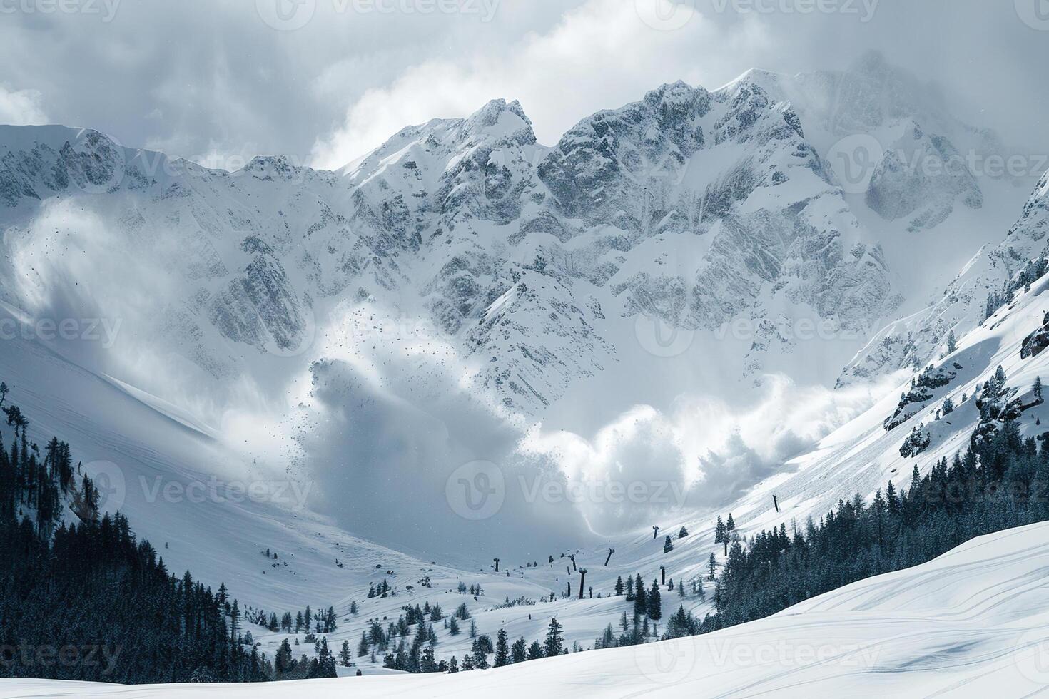 härkomst av ett enorm lavin från de fjäll, vinter- natur landskap foto