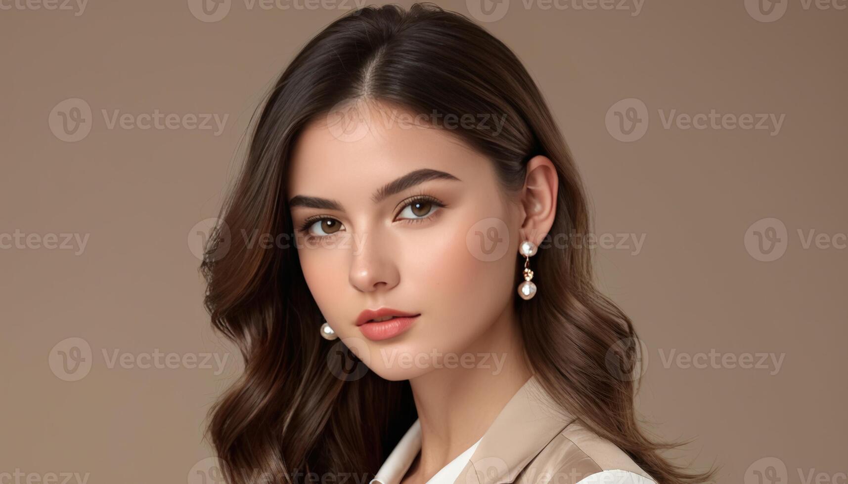 elegant ung kvinna med pärla örhängen och subtil smink på en beige bakgrund, perfekt för skönhet, mode, och internationell kvinnor dag teman foto