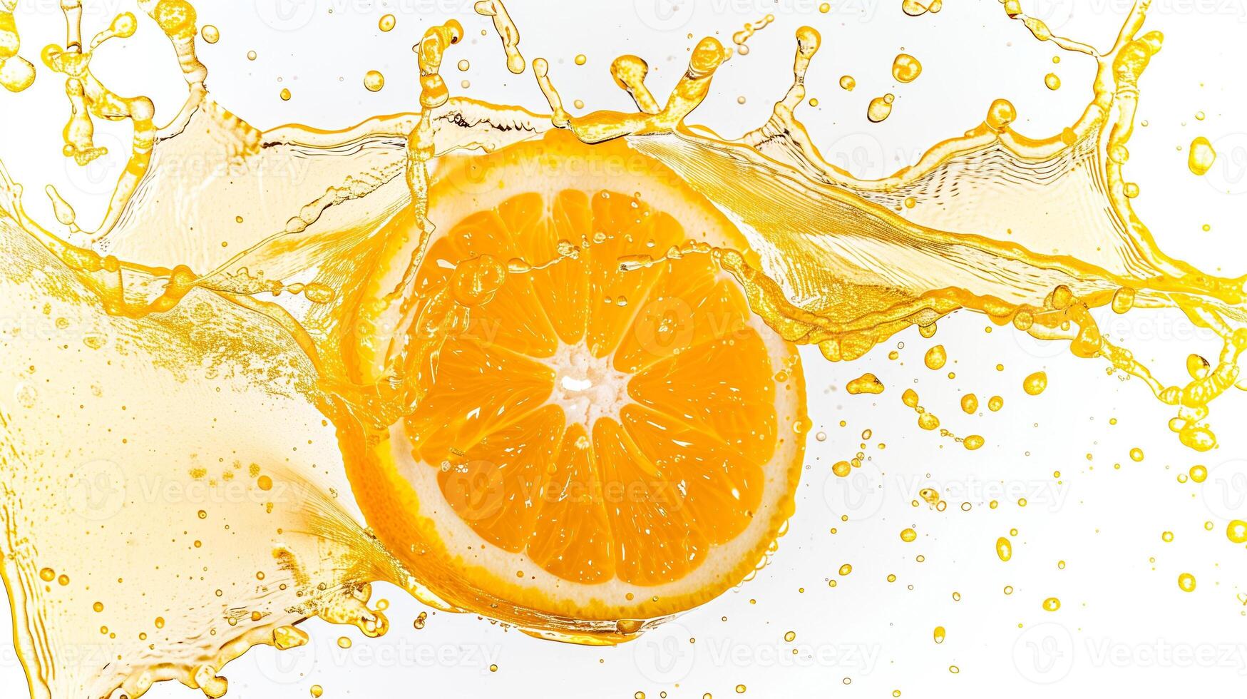 ett konstnärlig stänk av orange juice med en enda, perfekt skiva av orange frysta i i luften, uppsättning mot en skarp vit bakgrund för hög kontrast foto