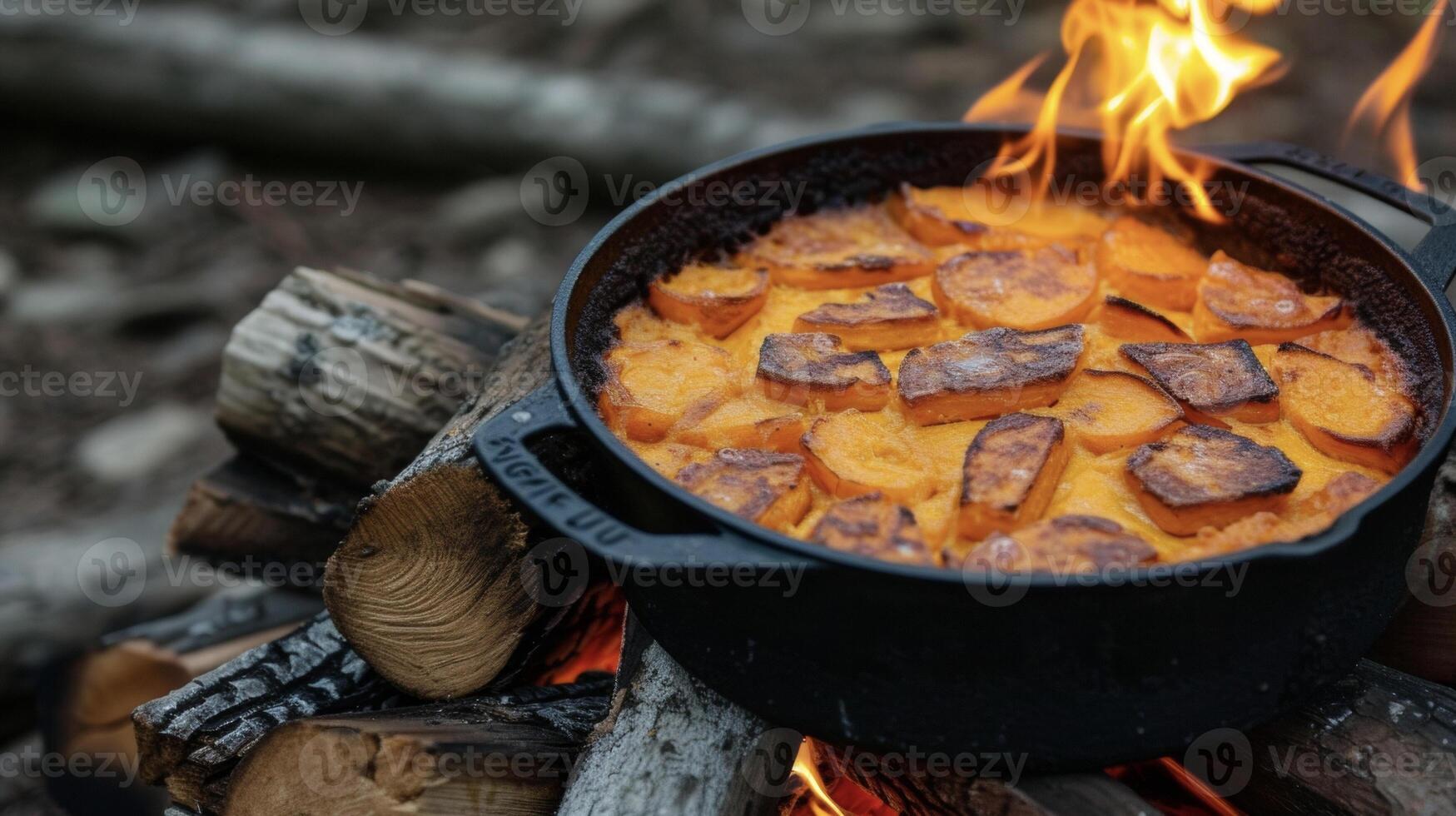 en rustik lägereld ljuv potatis cerole kokta fram tills gyllene brun och Krispig på de utanför medan fortfarande anbud och krämig på de inuti. de flimmer lågor av de brand ad foto