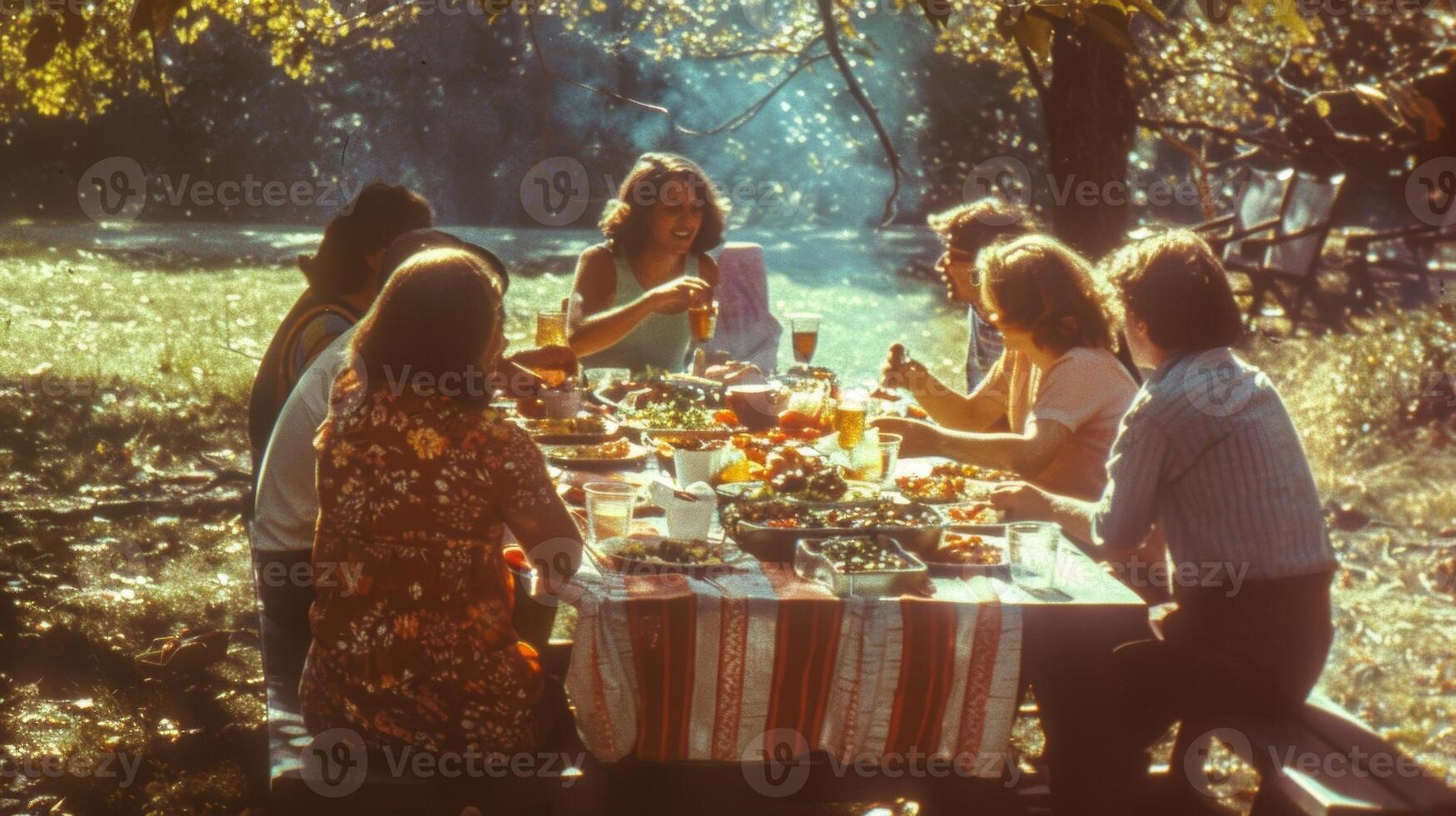 en grupp av vänner samlade in runt om en picknick tabell delning berättelser och framställning minnen över en utsökt spridning av mat foto