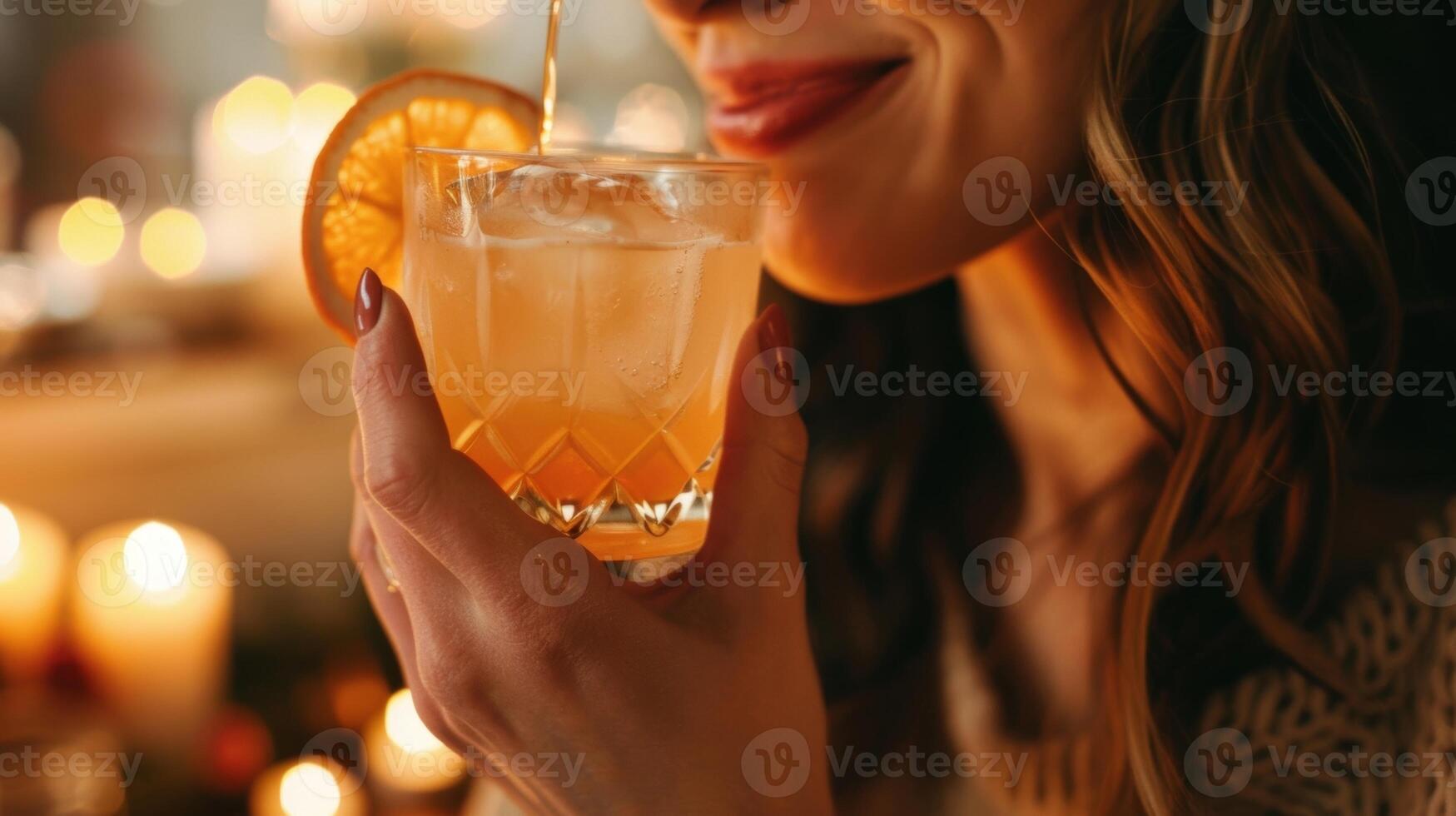 en kvinna savors en mocktail infuserad med aromatisk bitter och citrus- medan stängning henne ögon och fokusera på henne andas omgiven förbi de tröstande glöd av ljus foto