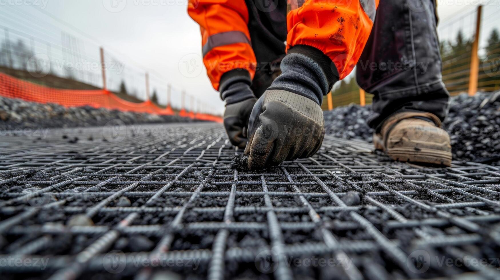 närbild av en konstruktion arbetstagare inspekterande och reparation geonät material säkerställa rätt installation och prestanda foto