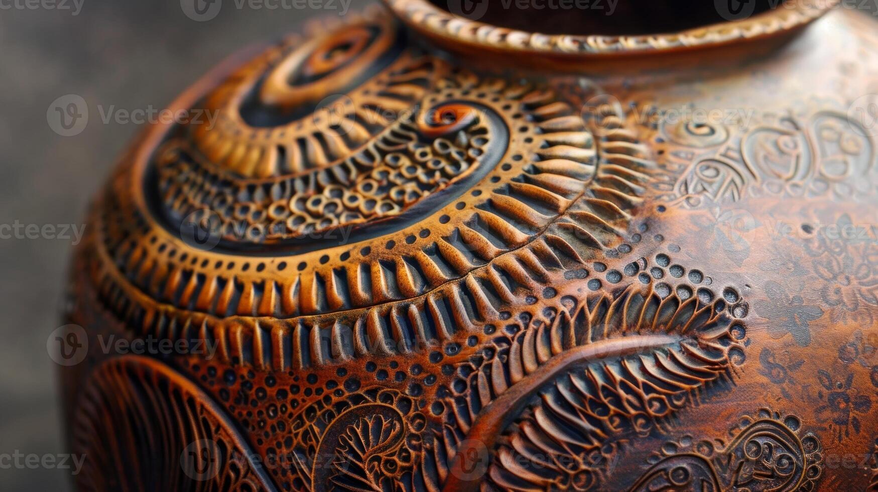 de invecklad mönster och mönster smyckande en spolbyggd vas som visar de krukmakare herravälde av de Metod. foto