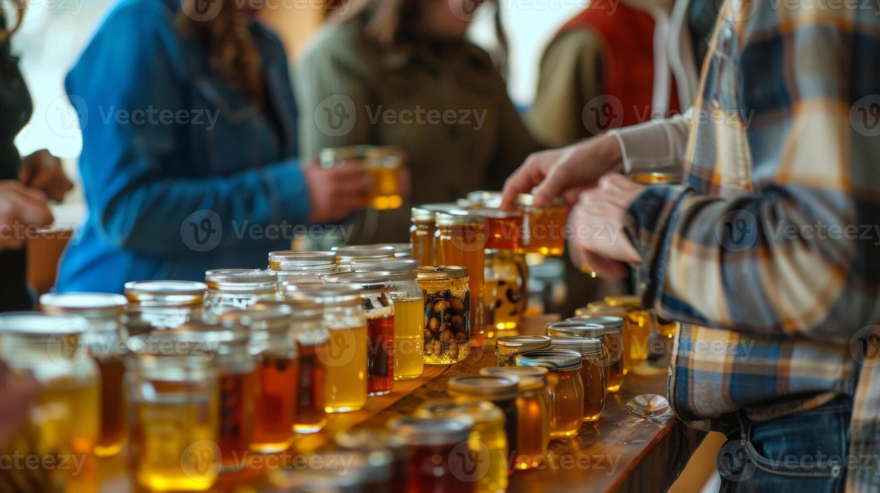 en grupp av människor samlade in runt om en tabell täckt i burkar av honung ivrigt provtagning och diskuterar de unik smakar och texturer av varje mängd foto