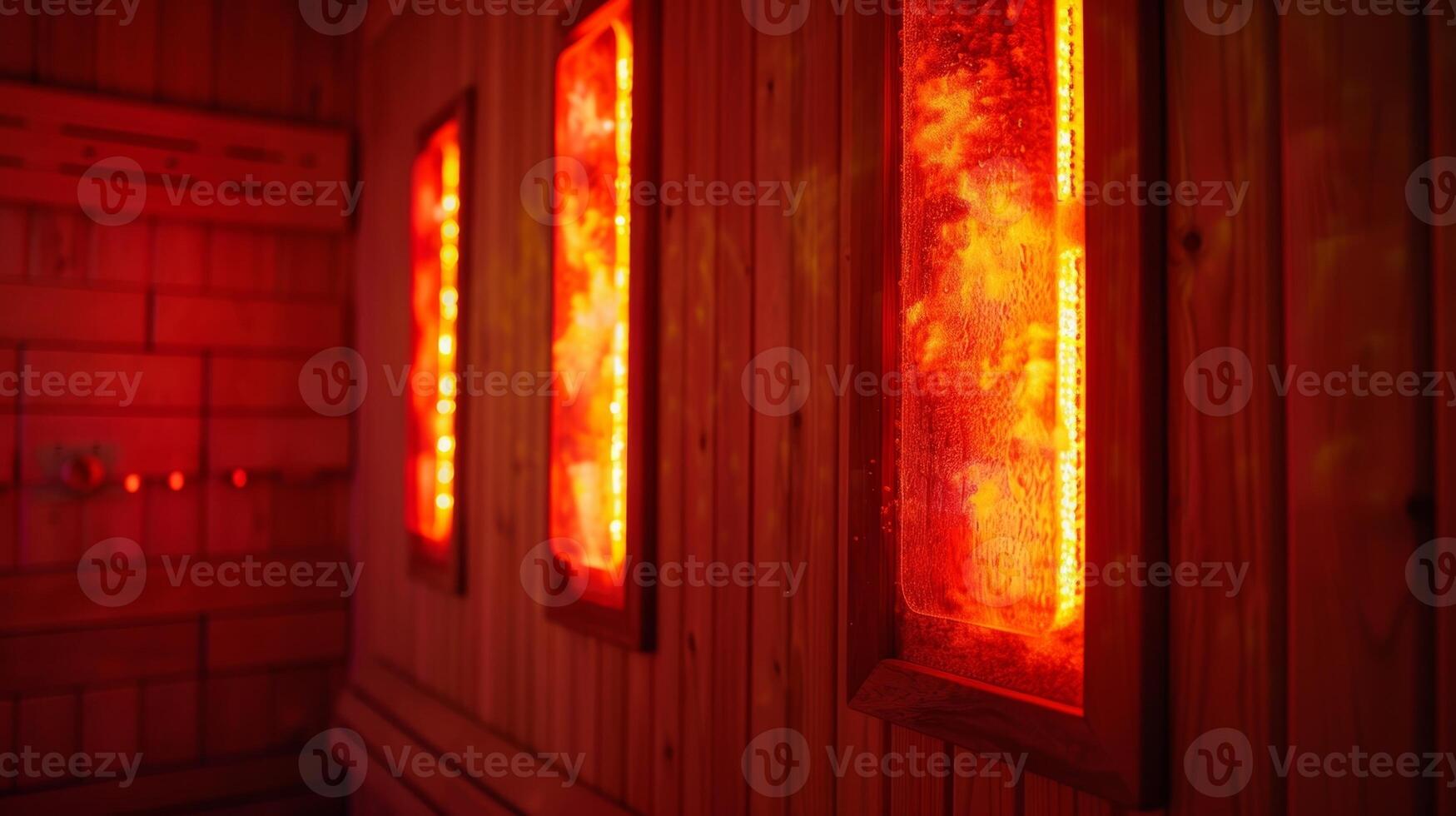 de lysande röd värme lampor av de bastu avge värme till en personer tillbaka tillhandahålla omedelbar lättnad från obehag. foto