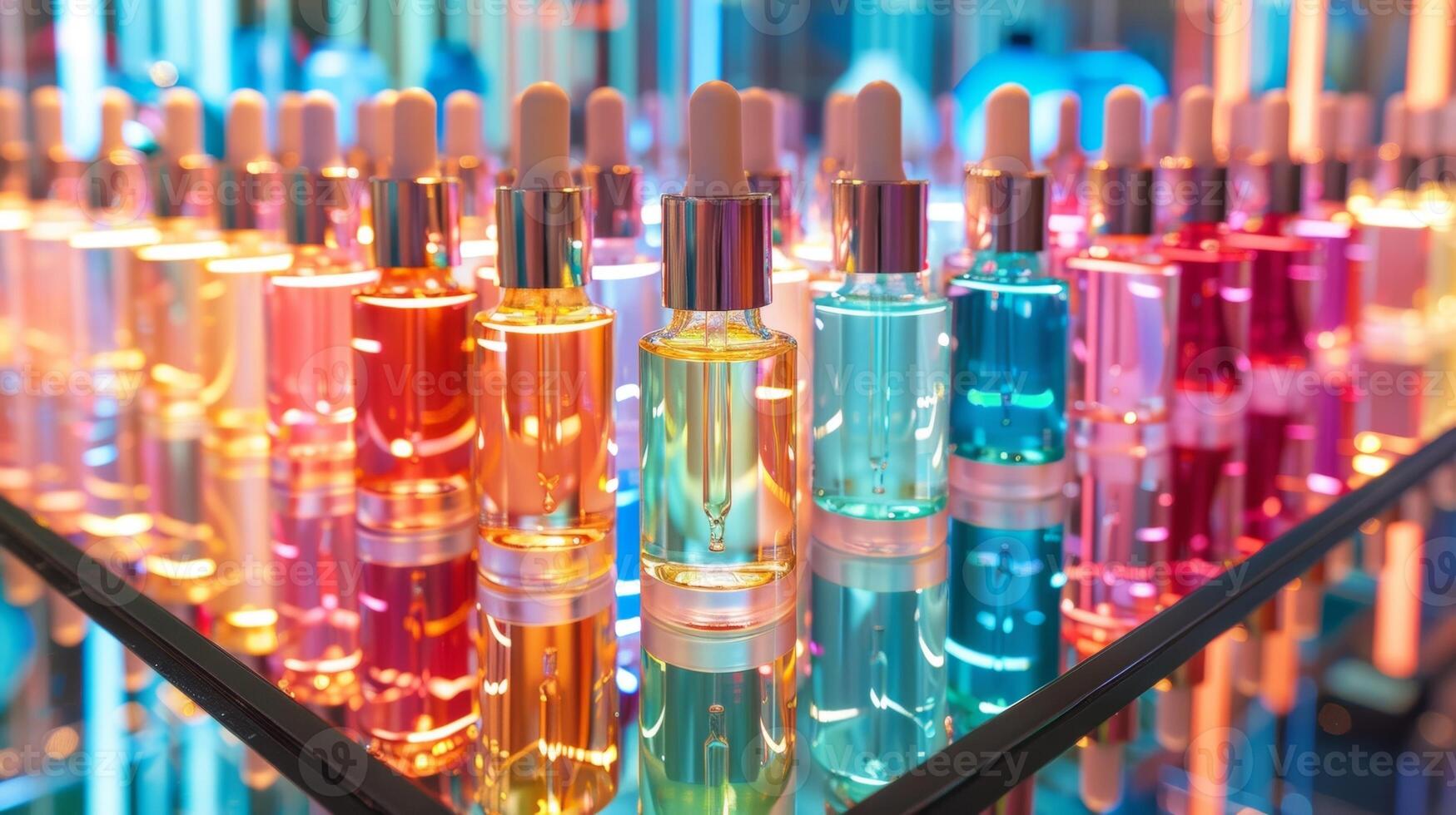 en serier av färgrik serum är fodrad upp ordentligt på en speglad bricka varje lovande unik fördelar för de hud foto