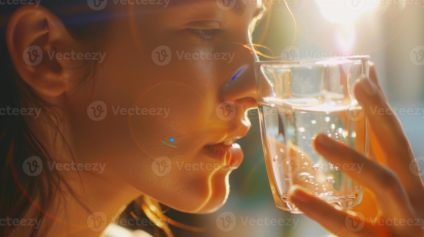de kvinna tar en smutta av vatten till stanna kvar hydratiserad och känner en känsla av lugna tvätta över henne som de värme Arbetar dess sätt genom varje tum av henne kropp. foto