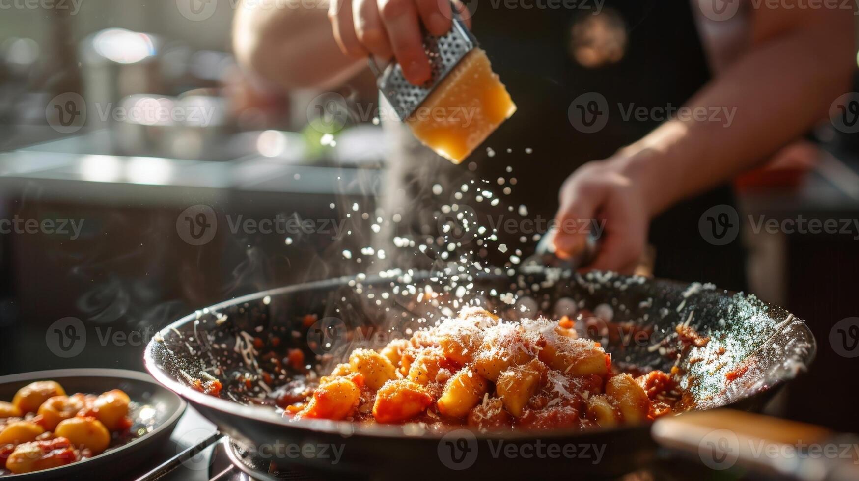 en person galler en blockera av åldrig parmesan ost över en ångande skål av hemlagad Gnocchi i en rik tomat sås foto