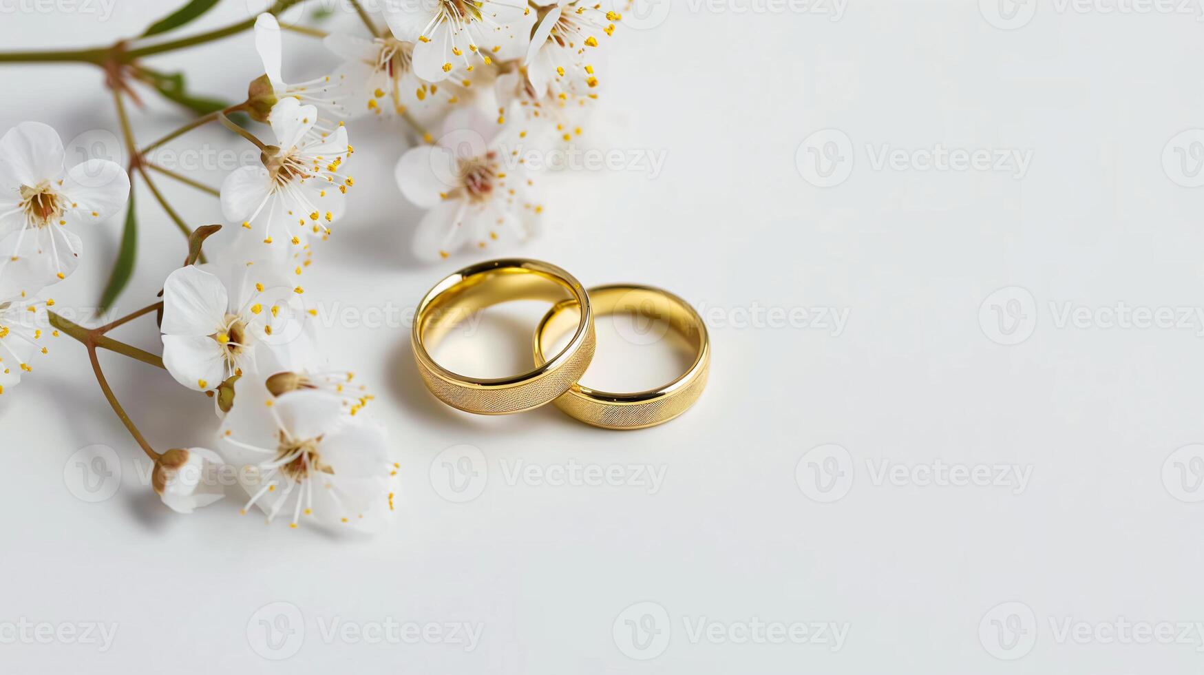elegant guld bröllop ringar mitt i körsbär blommar på en vit bakgrund foto