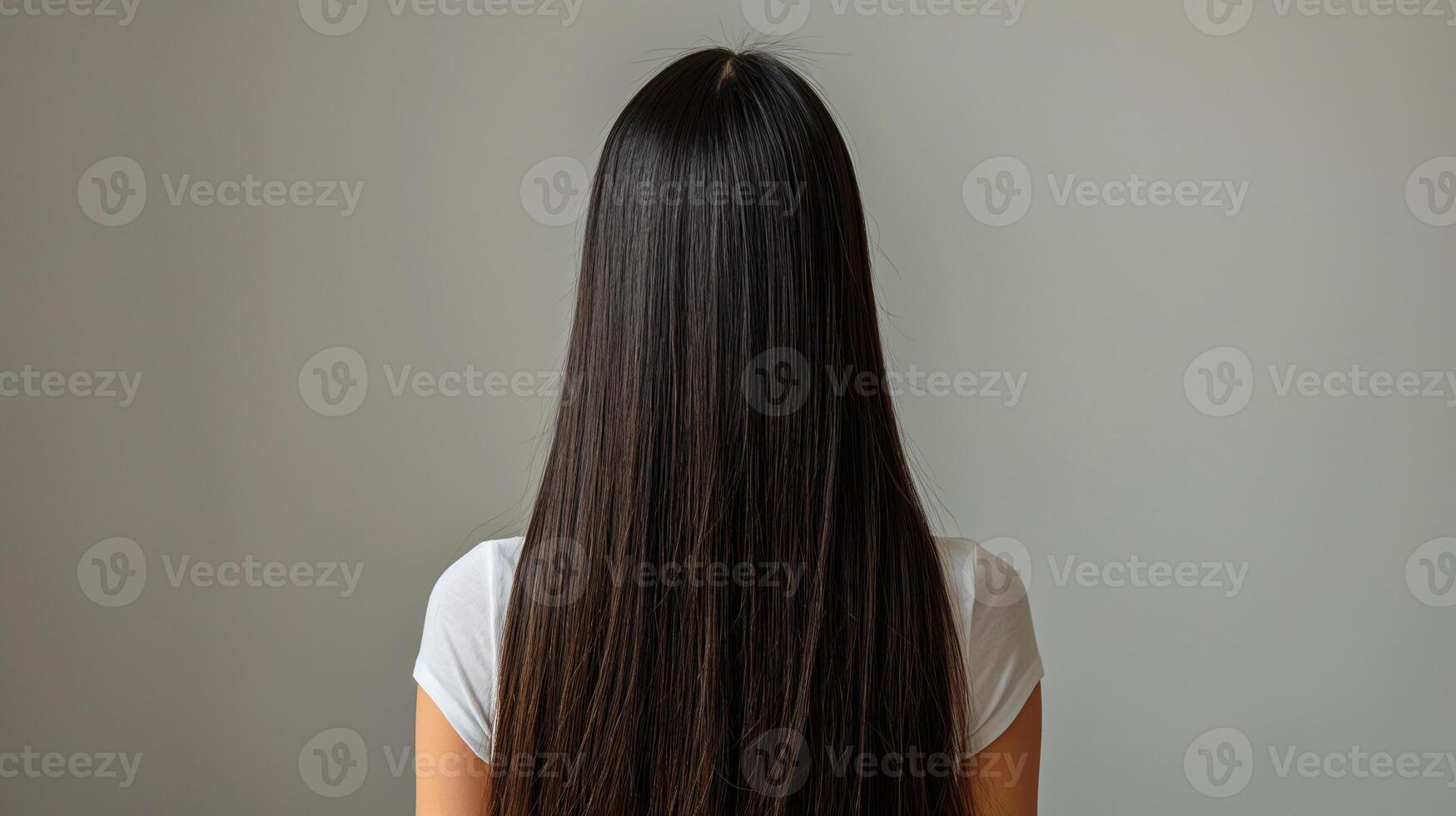 kvinna med lång hetero hår vänd bort i tillfällig klädsel foto