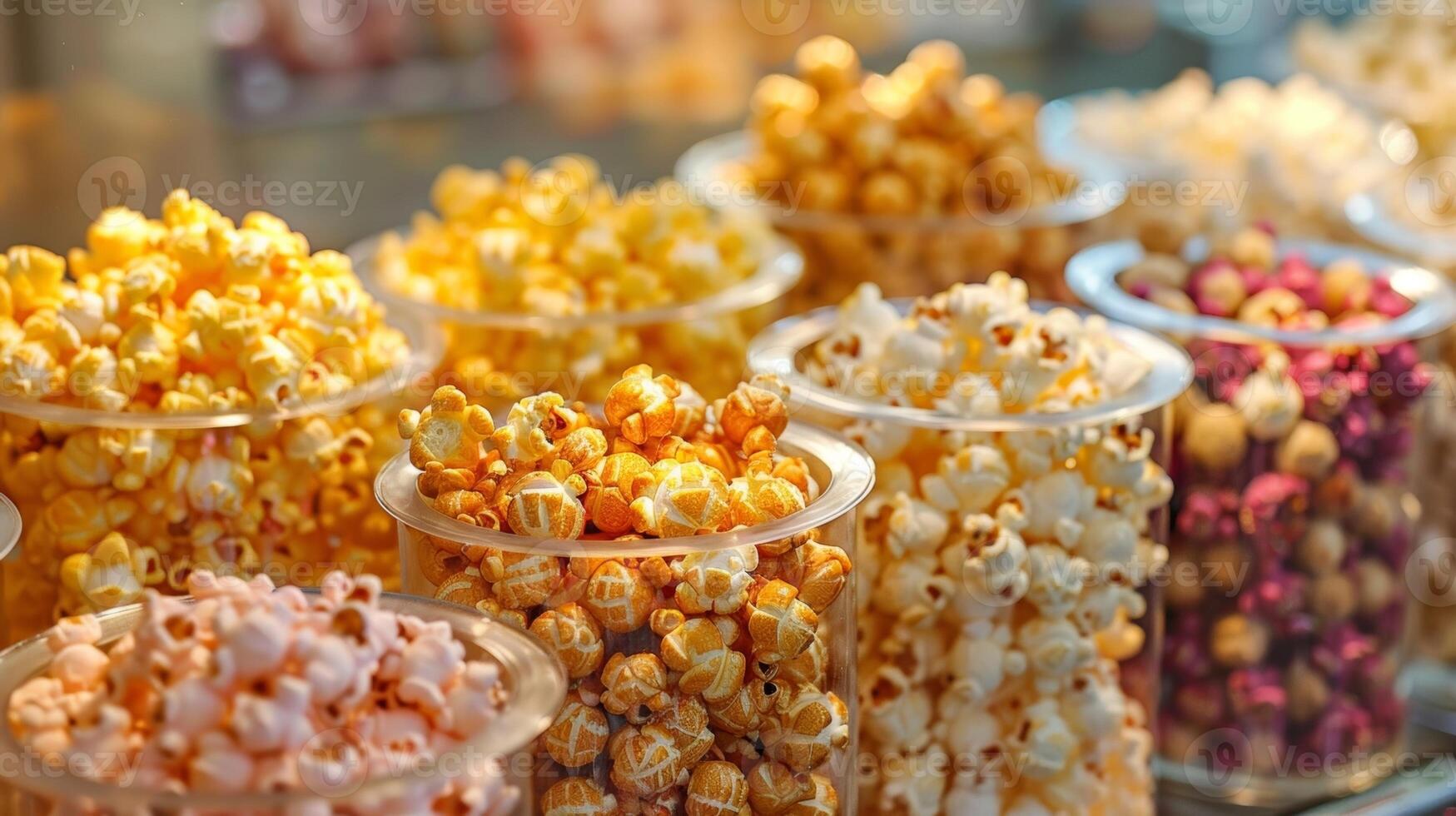 de gourmet popcorn alternativ variera från klassisk Smör och salt till Mer unik smaker tycka om tryffel och parmesan. 2d platt tecknad serie foto