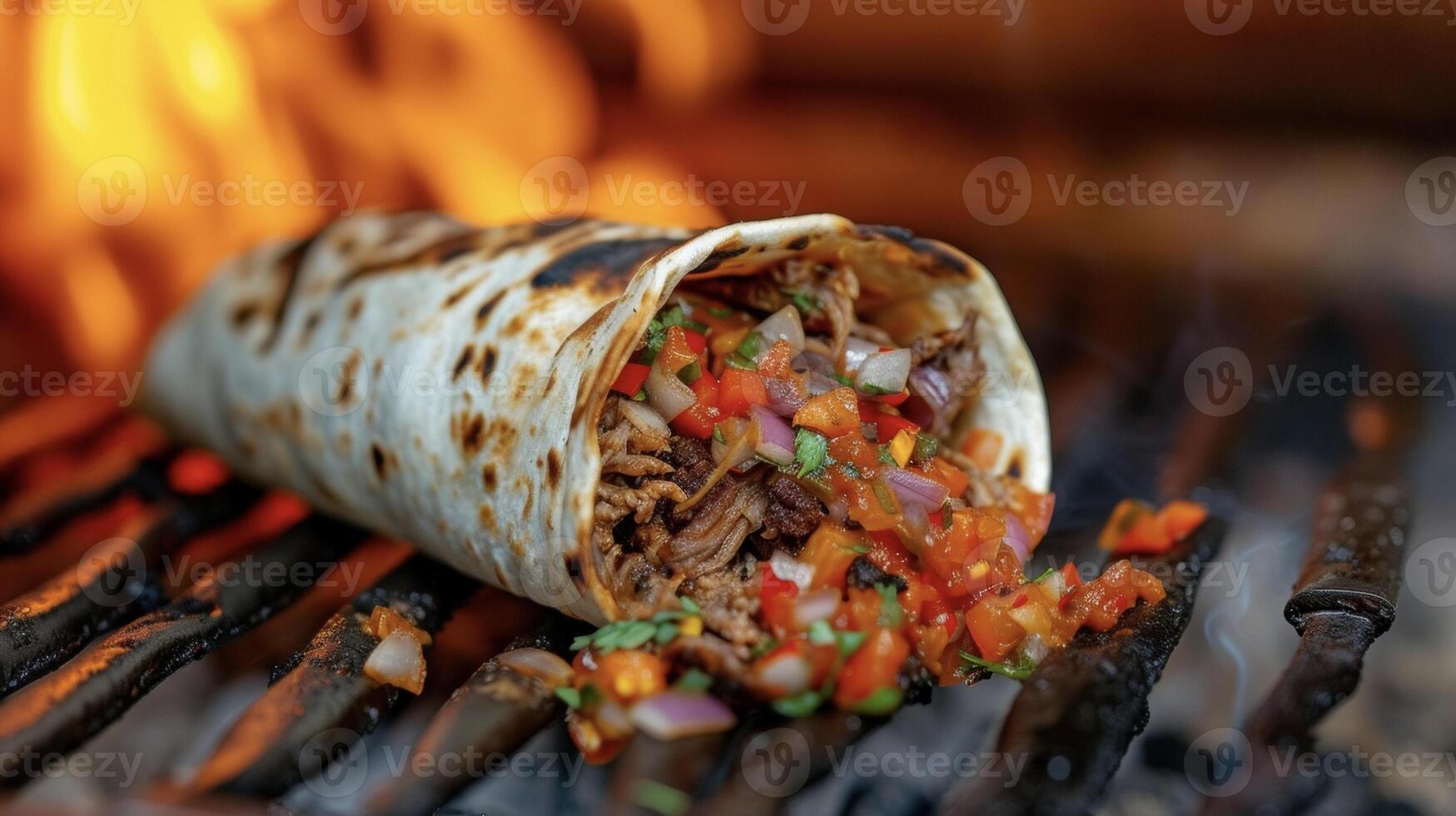 en drakinspirerad maträtt detta eldspridning burrito förpackningar en stansa med dess y strimlad nötkött flammande salsa och en eldig blanda av paprikor och lök. de grill vrålar i de backgroun foto