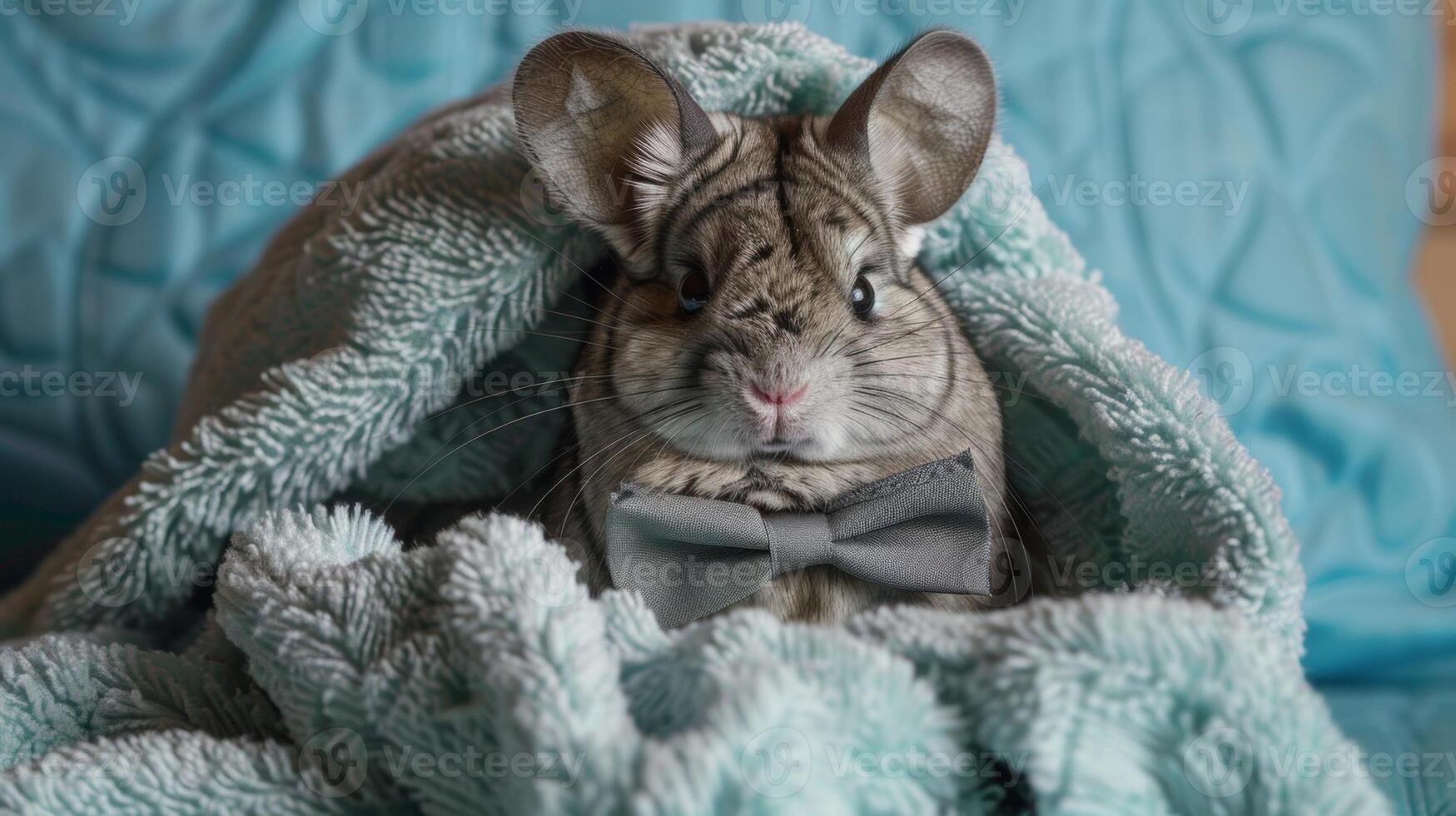 en chinchilla insvept upp i en fluffig handduk ser dapper med en mycket liten fluga efter en grundlig grooming session foto