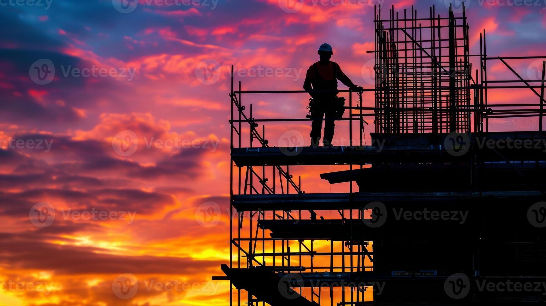 de silhuett av en hård hattbärande arbetstagare står atop en byggnadsställning deras silhuett sammanslagning med de vibrerande himmel Bakom dem foto