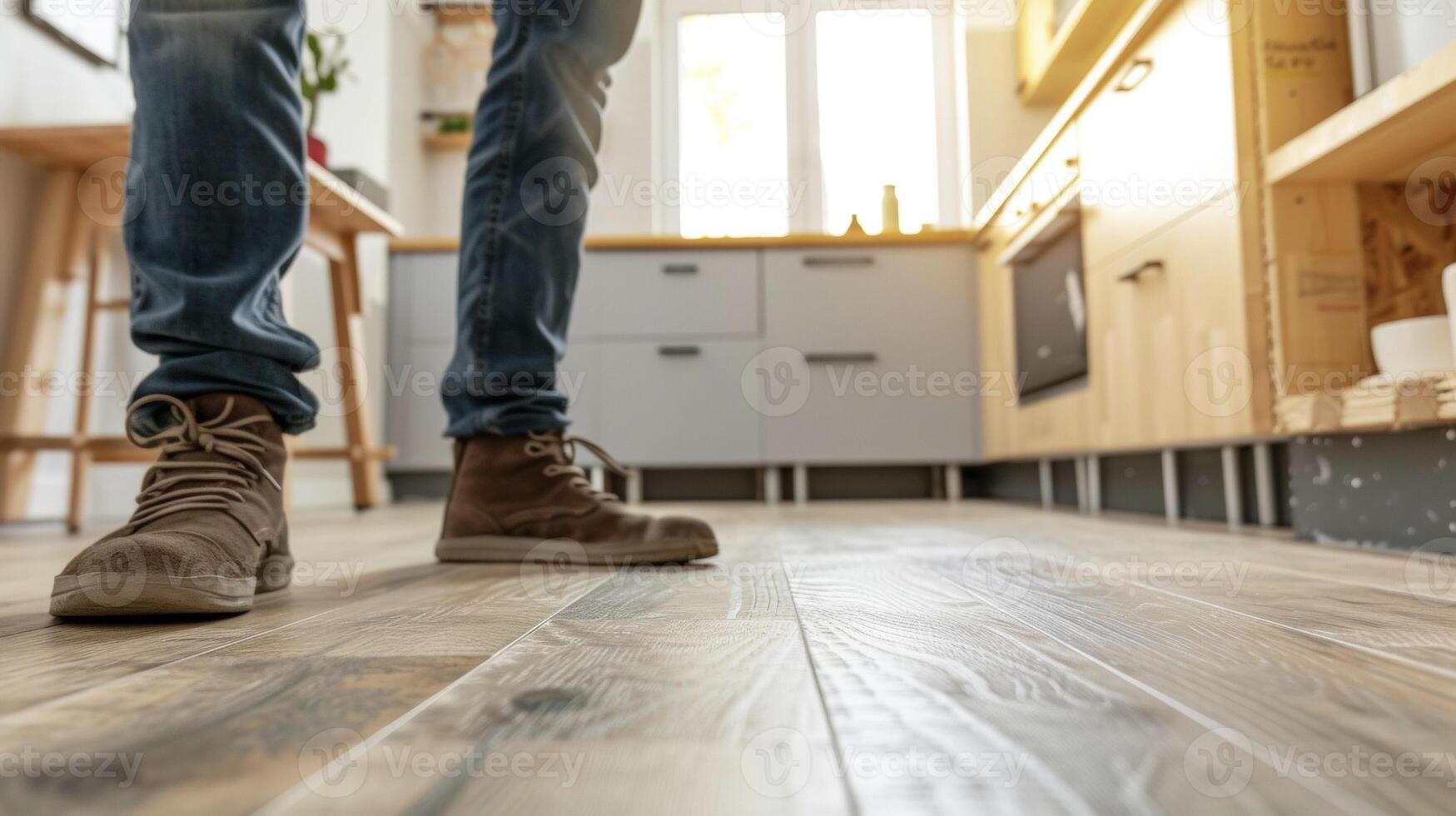 en diy entusiast stolt beundrande deras hantverk stående på nytt installerad vinyl planka golv i deras kök foto