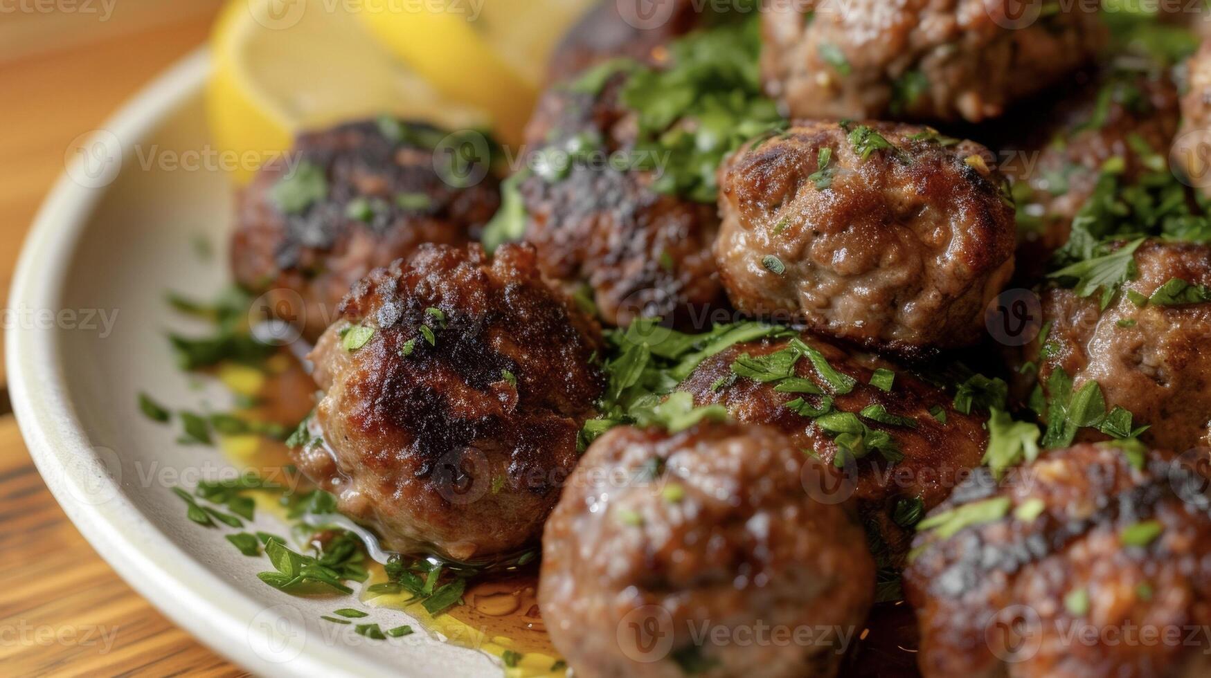 anbud köttbullar av turkiska ursprung perfekt förkolnade och kokta till fulländning. varje bita är en brista av y godhet med en Rör av syrlighet från de citron- juice duggregnat ove foto