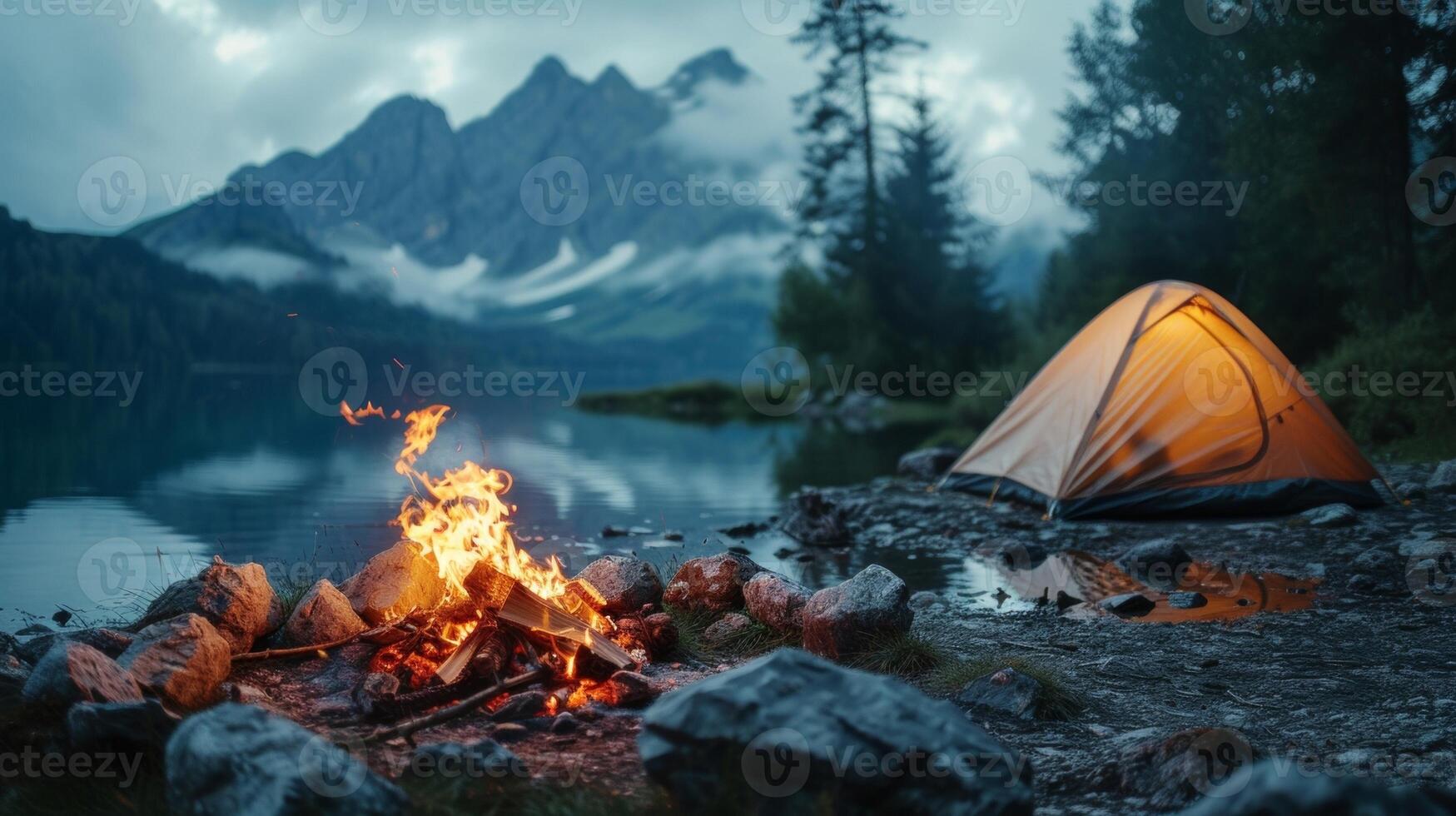 en mysigt campingplats med en tält och en lägereld representerar de par dröm av utforska natur och de bra utomhus under deras pensionering foto